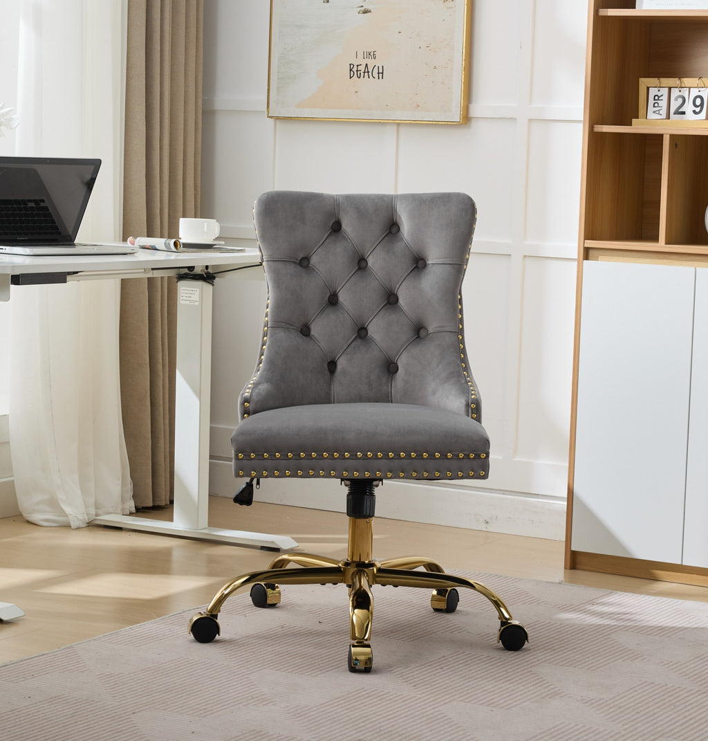 A&A Furniture Office Chair,Modern Velvet Upholstered Tufted Button Home Office Chair with Golden Metal Base,Adjustable Desk C