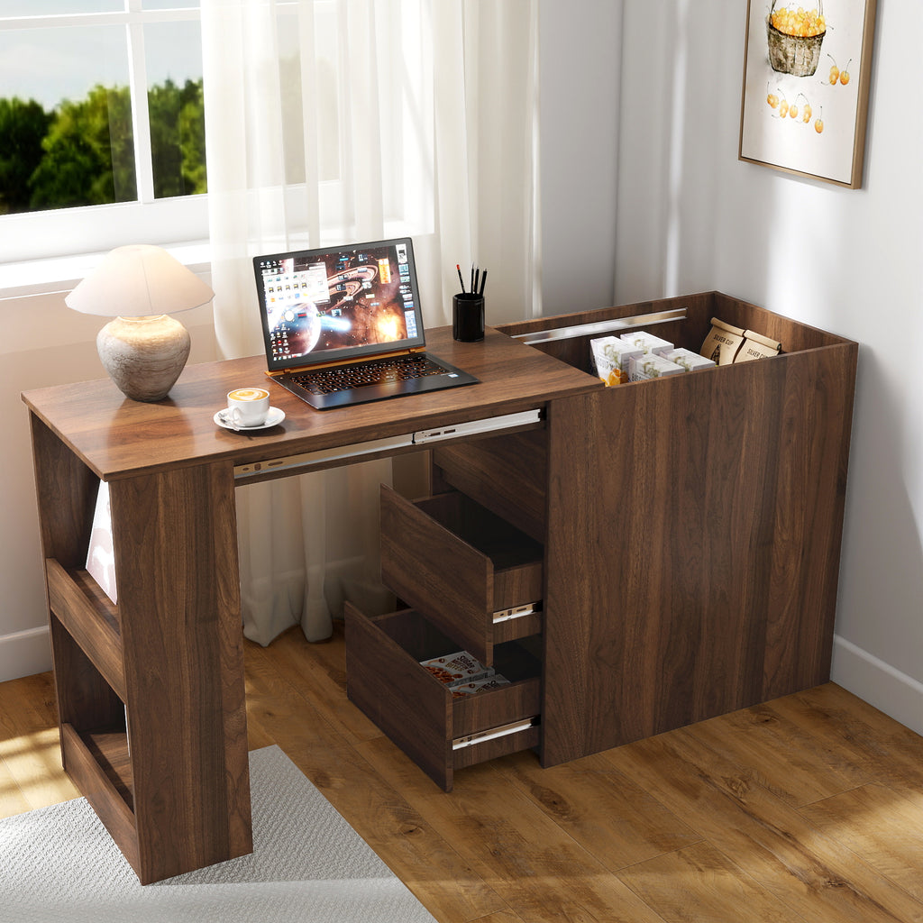 Computer Desk with Drawers, Modern Corner Home Office storage with extendable table, Study Writing Desk Workstation for Home,