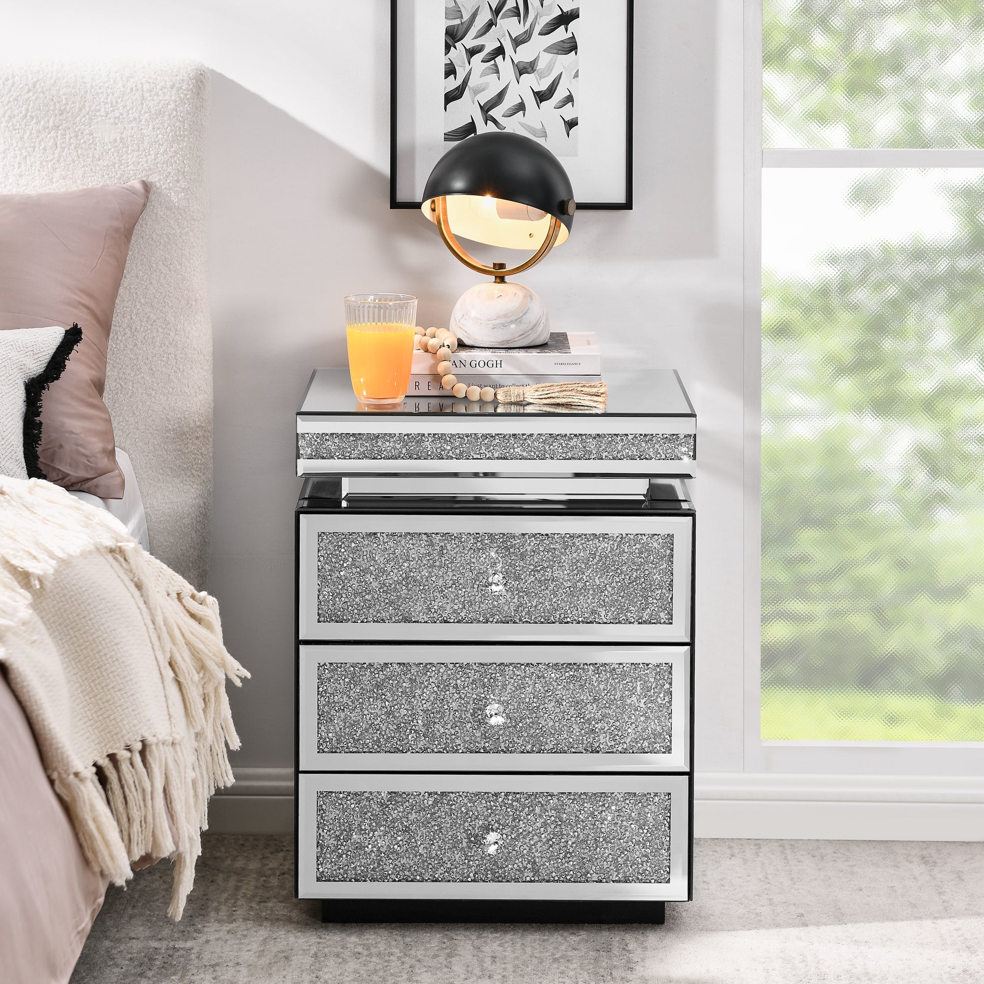 Mirrored Nightstand with 3 Drawers, Silver Nightstand with Crystal Inlay, Mirror End Table, Modern Bedside Table, Glass Table for Bedroom, 13.8''W x 17.7' L x 23.6' H - Grand Goldman Shop