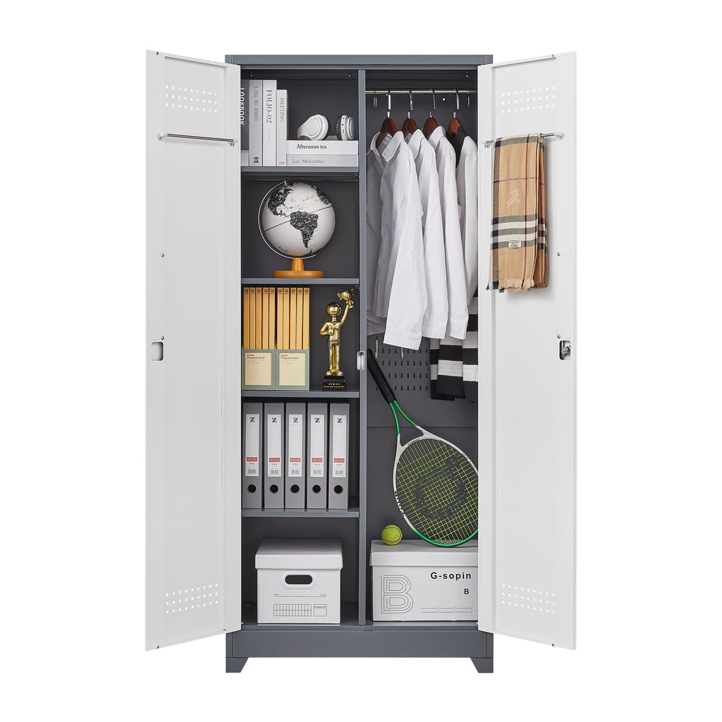 Gray Metal Lockers with Locking Doors, Adjustable Shelves, High Broom Tool Storage Cabinet, 72-Inch Kitchen, Office, Shop Org