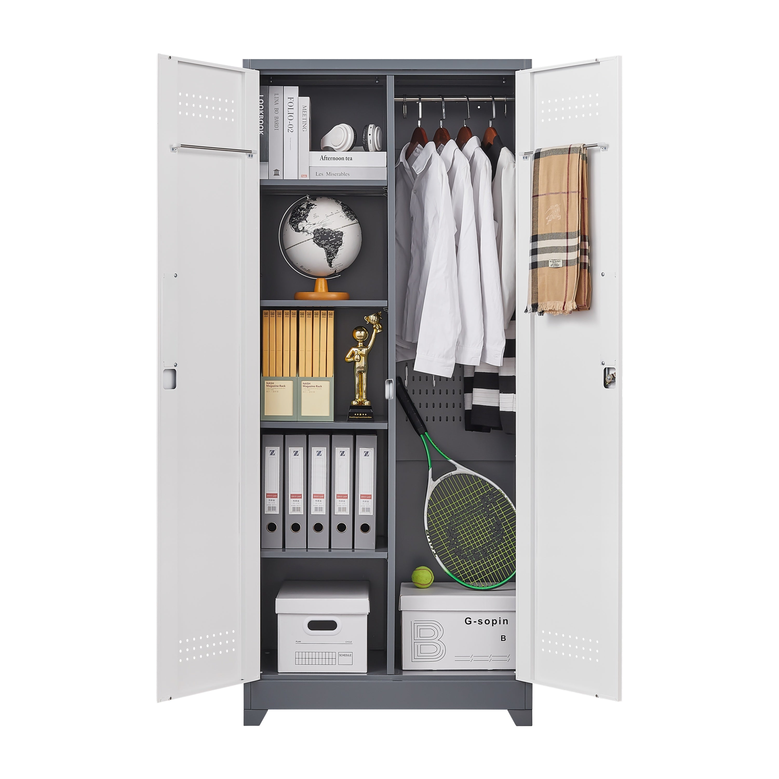 Gray Metal Lockers with Locking Doors, Adjustable Shelves, High Broom Tool Storage Cabinet, 72-Inch Kitchen, Office, Shop Org