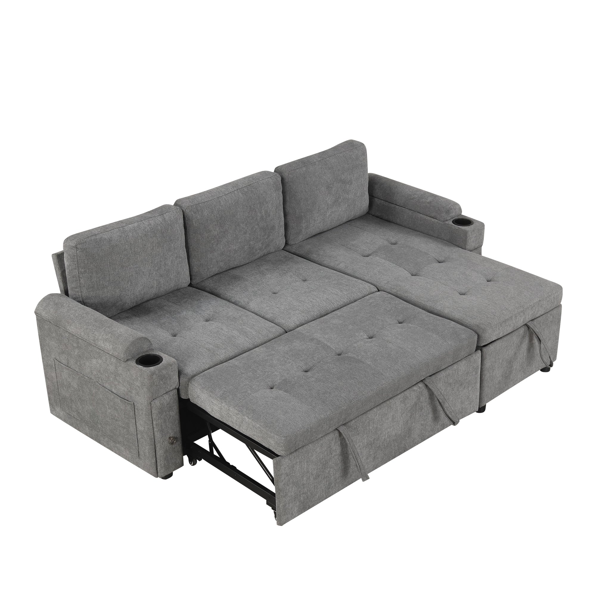 Modern L-shaped Convertible Sofa Bed with Storage, Cup Holders, USB Ports, Gray Chenille, 83.5' - Grand Goldman Shop