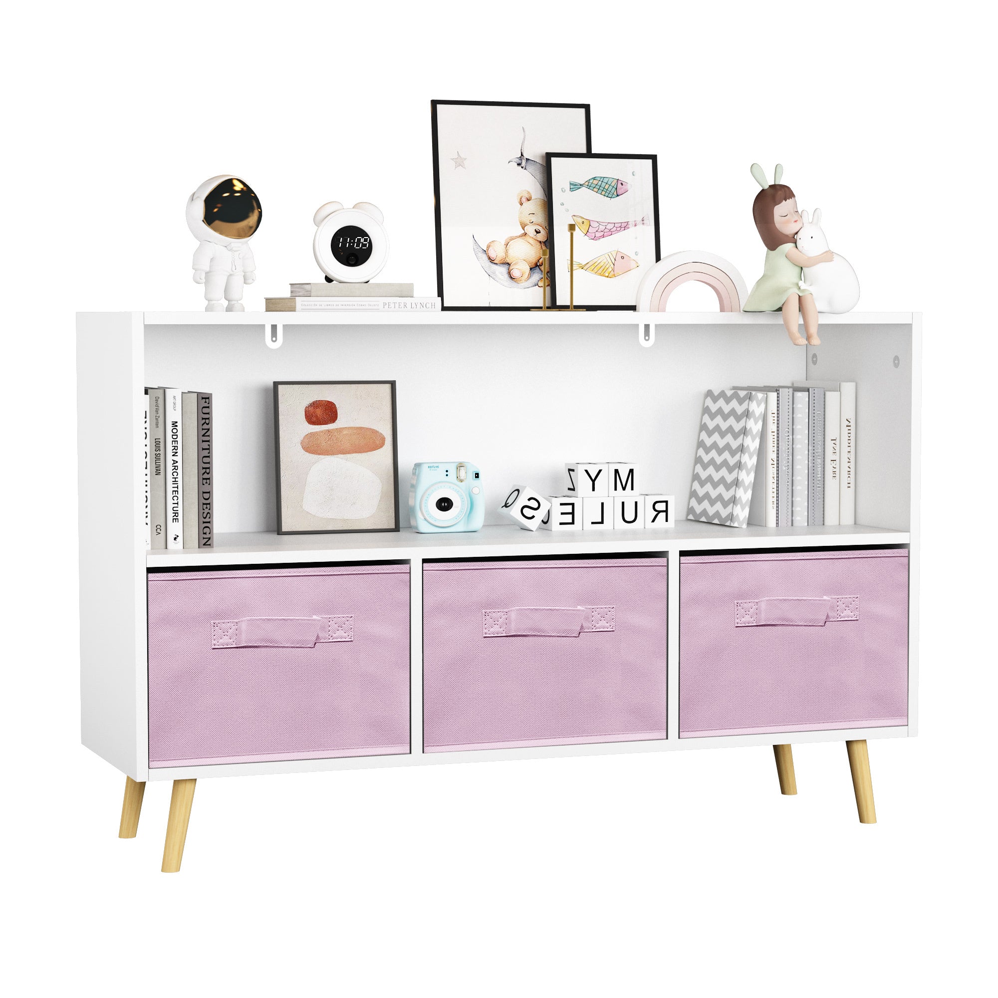 Modern Kids Bookcase with Collapsible Fabric Drawers, Children's Book Display & Toy Storage, White/Pink MDF & Pine Legs - Gra