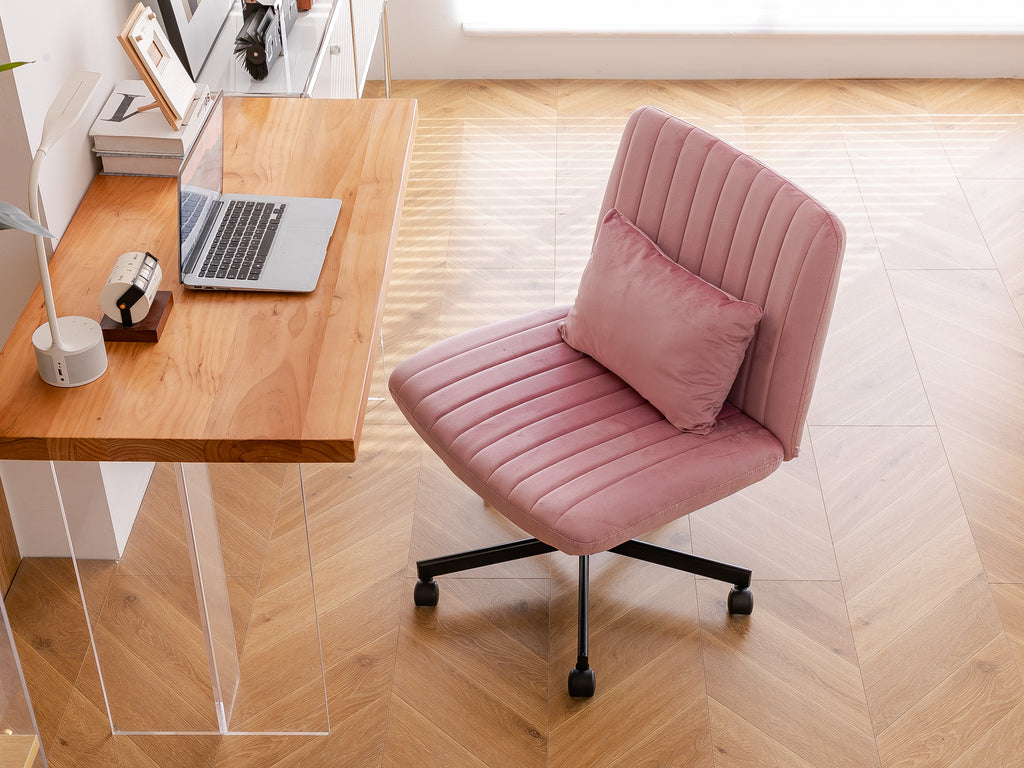 Light Pink Velvet Criss Cross Armless Office Chair with Wheels - Comfortable & Stylish for Home Office, Meditation, and Makeu