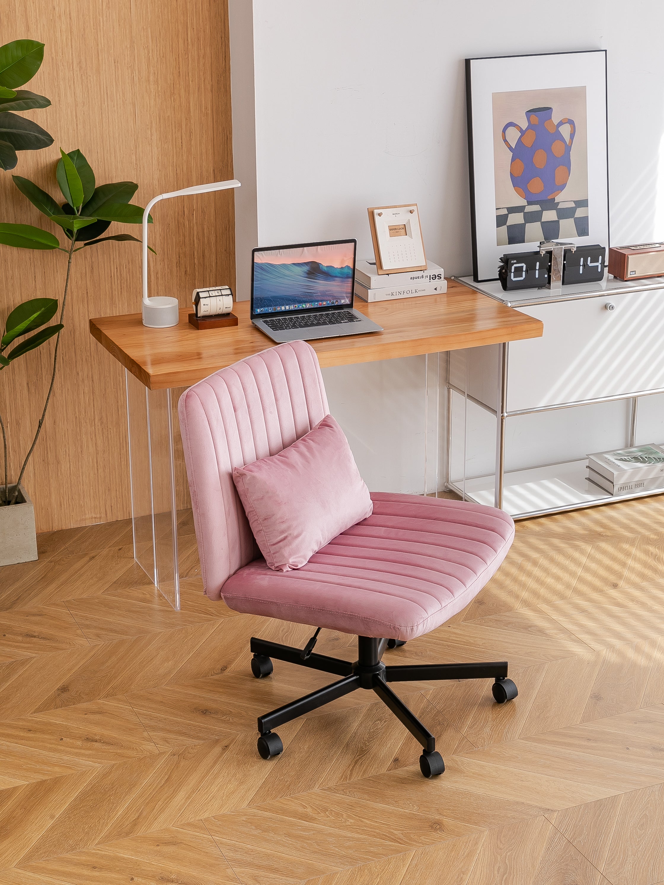 Light Pink Velvet Criss Cross Armless Office Chair with Wheels - Comfortable & Stylish for Home Office, Meditation, and Makeu
