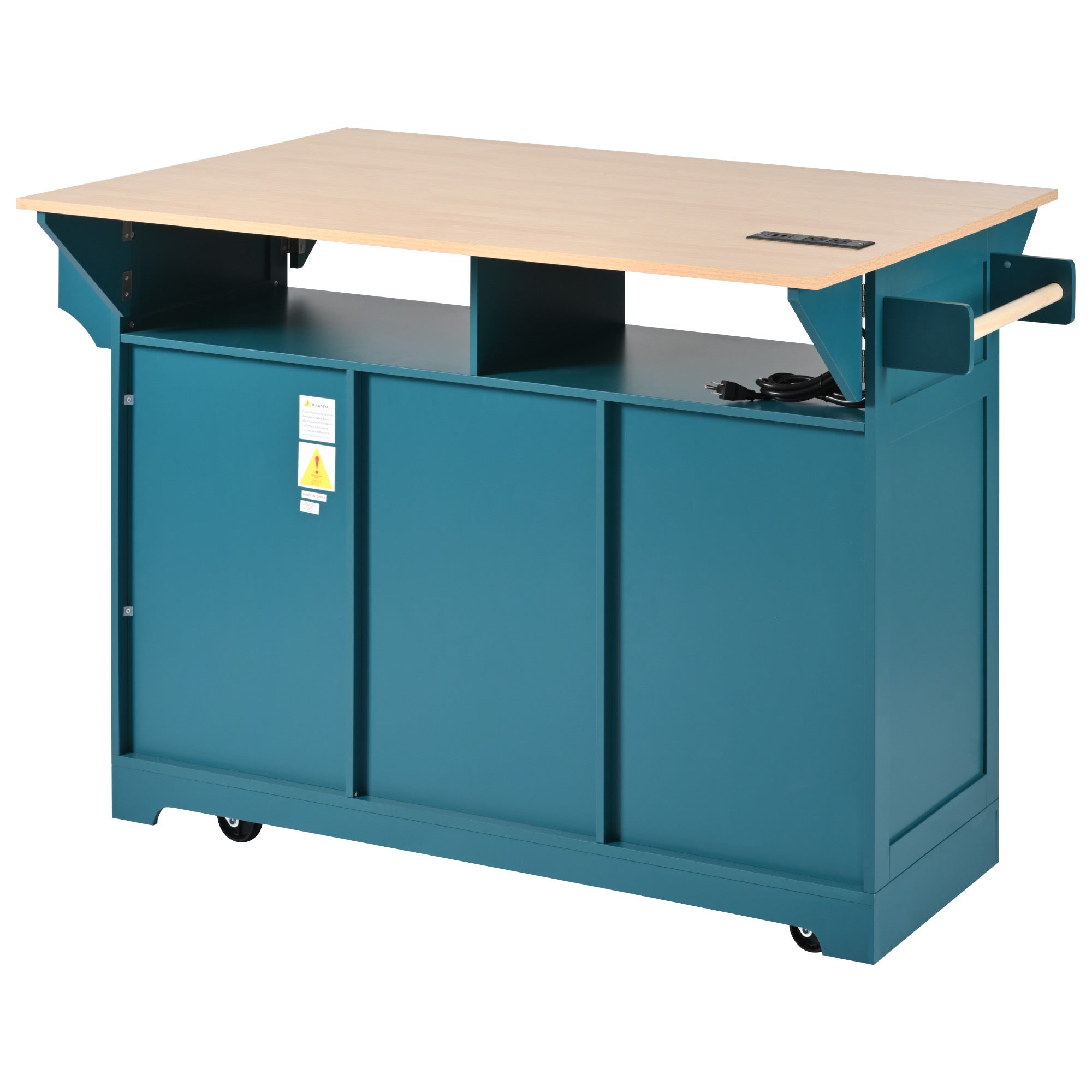 K&K 55.7'' Large Kitchen Island with 2 Drop Leaf,, Rolling Kitchen Cart on 5 Wheels with Power Outlet, Folding Storage Dining Table with Spice & Towel Rack , 3 Drawers, for Kitchen, Dining Room,Green - Grand Goldman Shop