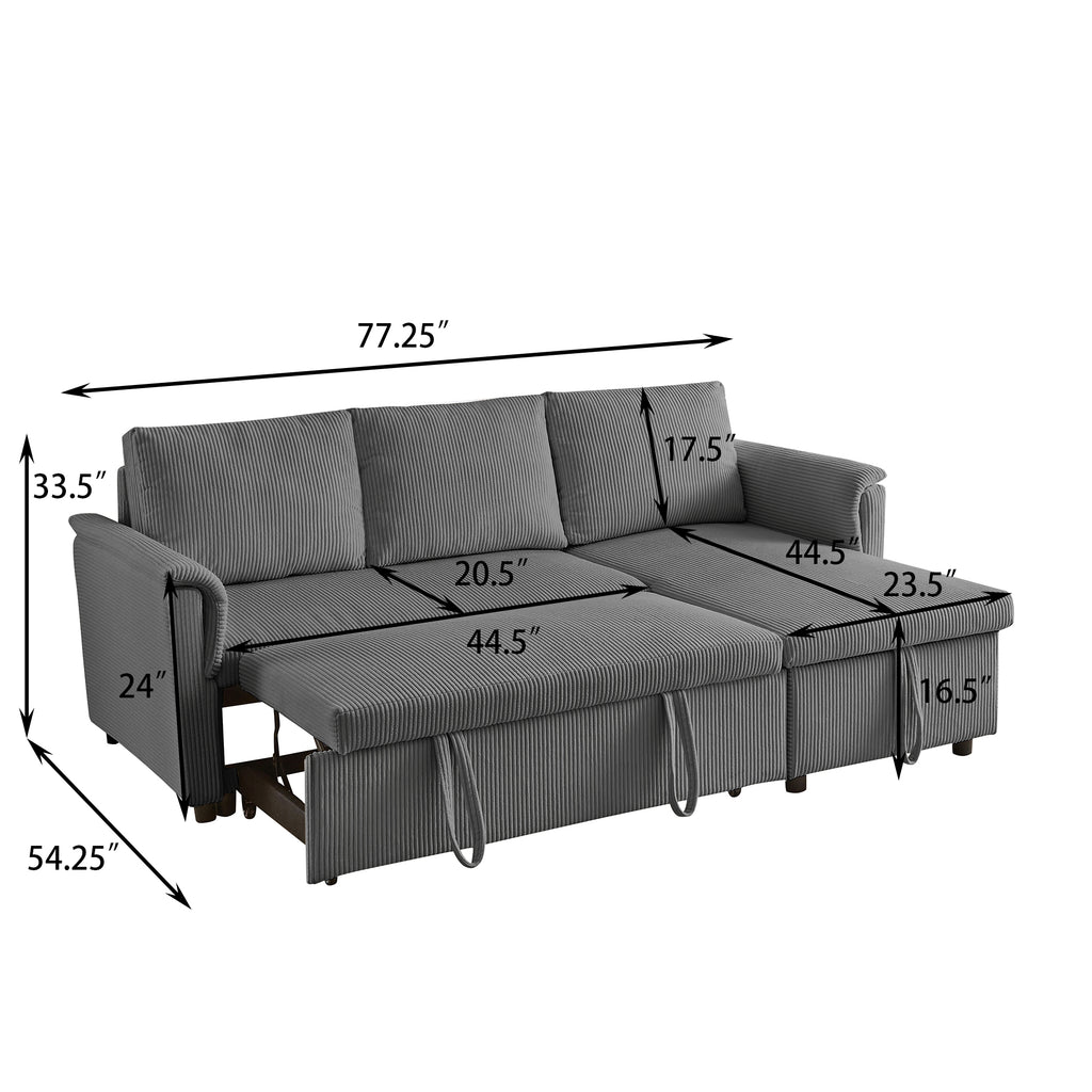 Loveseat Sofa with Chaise Lounge L-Shaped Modular Convertible Sofa with Storage Chaise, Corduroy Tufted Upholstered Sleeper Sectional Sofa,Pull Out Sleep Couch Bed and Reclining Backrest-Gray - Grand Goldman Shop