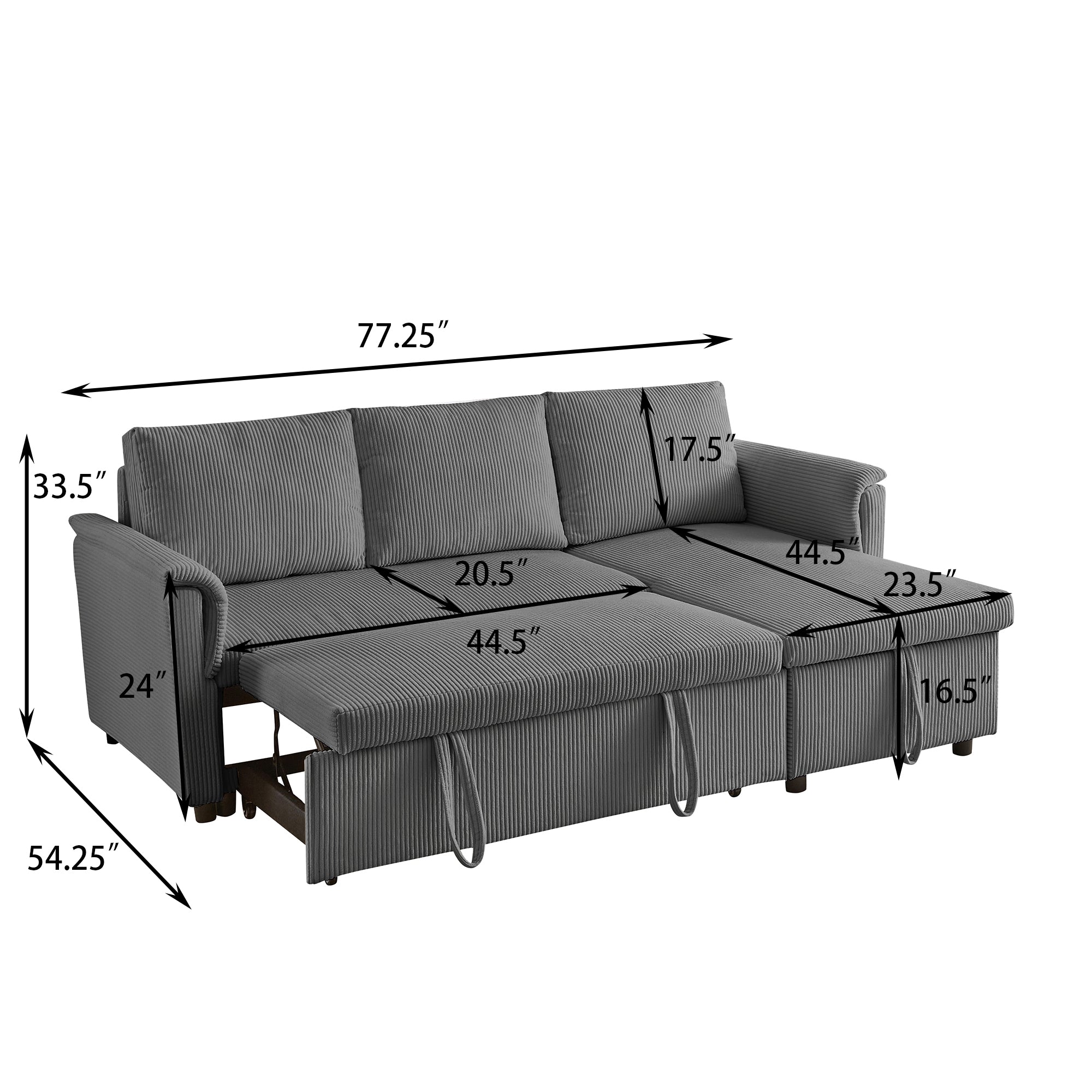 Loveseat Sofa with Chaise Lounge L-Shaped Modular Convertible Sofa with Storage Chaise, Corduroy Tufted Upholstered Sleeper Sectional Sofa,Pull Out Sleep Couch Bed and Reclining Backrest-Gray - Grand Goldman Shop