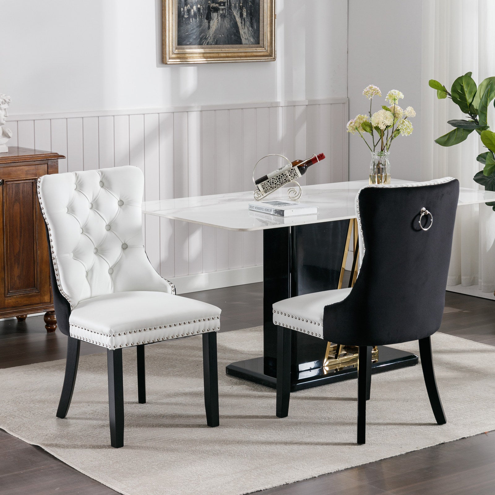 A&A Furniture,Nikki Collection Modern,High-end Tufted Solid Wood Contemporary PU and Velvet Upholstered Dining Chair with Wood Legs Nailhead Trim  2 Pcs Set,White+Black, SW2101WB - Grand Goldman Shop