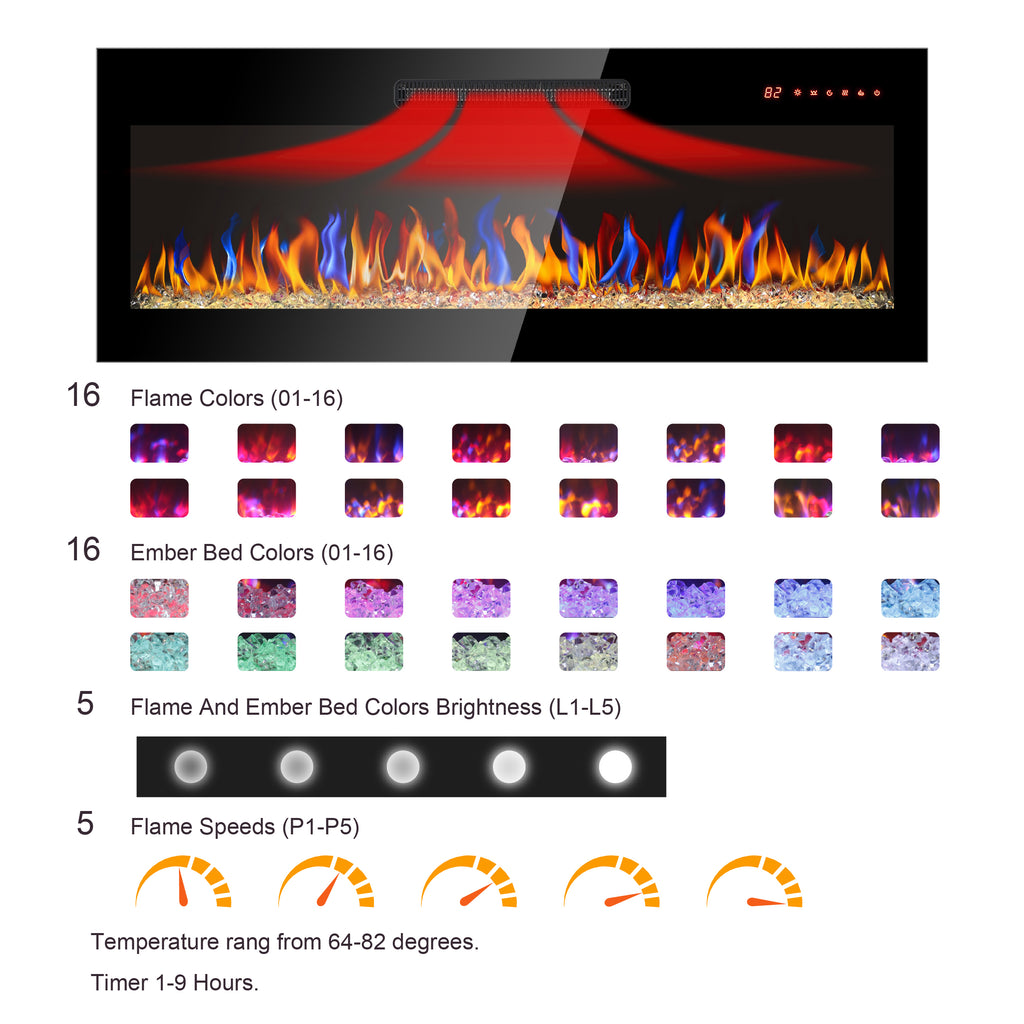 36 inch recessed ultra thin tempered glass front wall mounted electric fireplace with remote and multi color flame & emberbed, LED light heater - Grand Goldman Shop