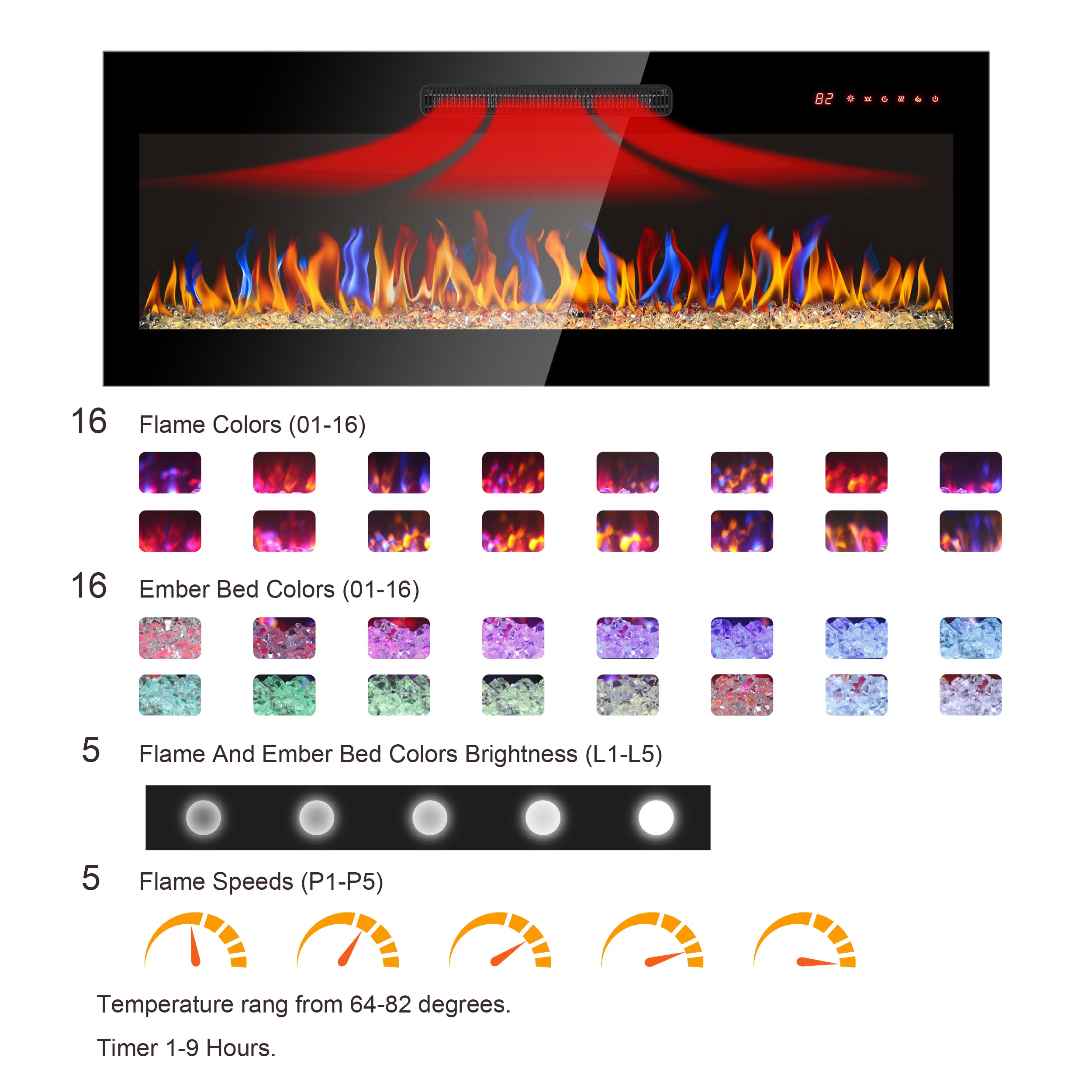 36 inch recessed ultra thin tempered glass front wall mounted electric fireplace with remote and multi color flame & emberbed, LED light heater - Grand Goldman Shop