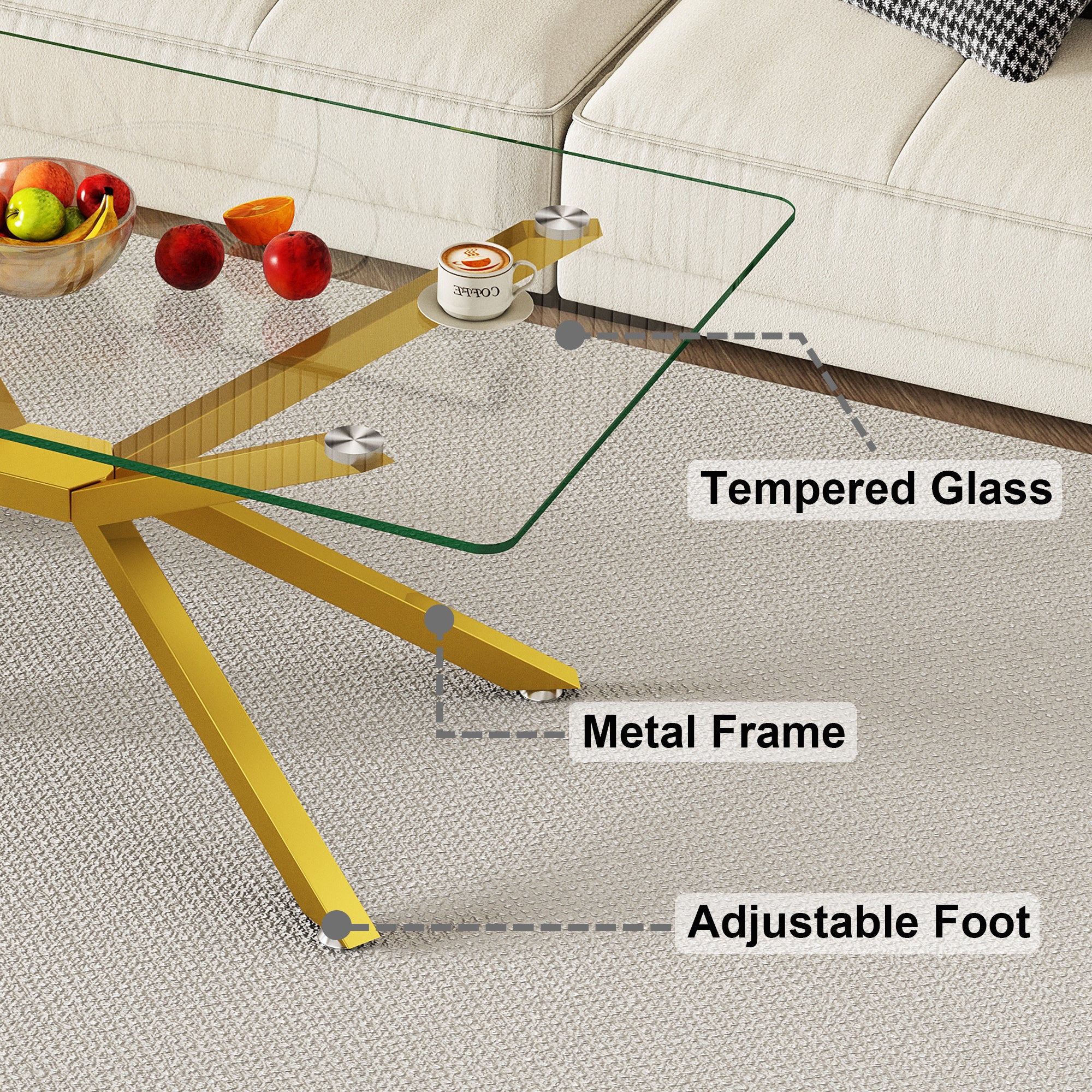 39.37' Rectangular Clear Tempered Glass Coffee Table,Stylish Design with Gold Metal Legs, Coffee Table for Living Room - Grand Goldman Shop