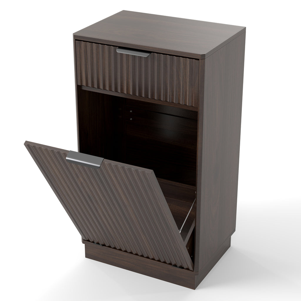 Woodgrain Tilt-Out Trash Can Cabinet with Wave-Textured Drawer & Pull-Out Bin in Walnut Finish - Grand Goldman Shop