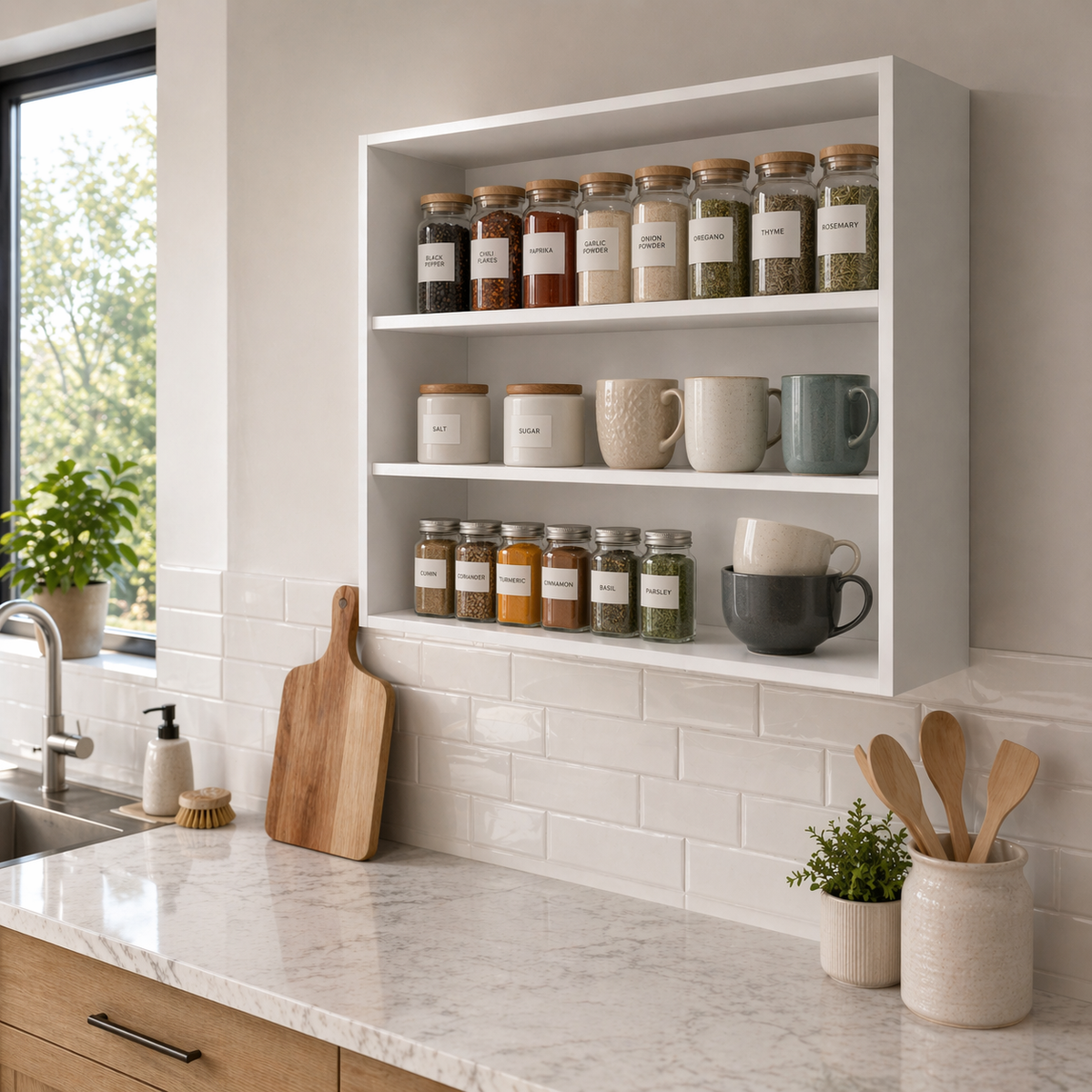 Chinle Wall Cabinet in Melamine with Open Storage, White - Grand Goldman Shop