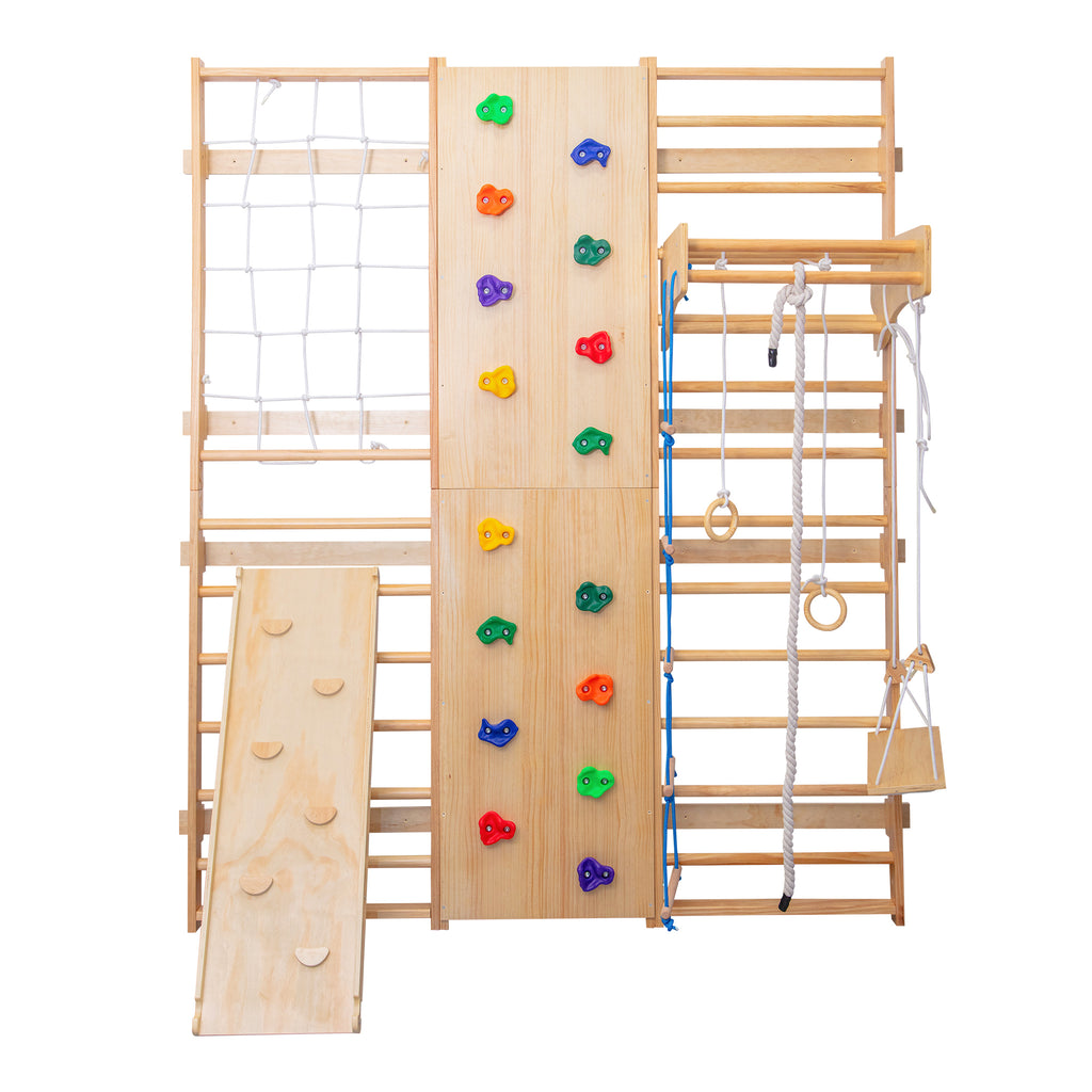 All-in-One 10-in-1 Indoor Climbing Set - Featuring a Rock Climbing Wall, Wooden Swings, Gymnastic Rings, Rope Ladders, and St