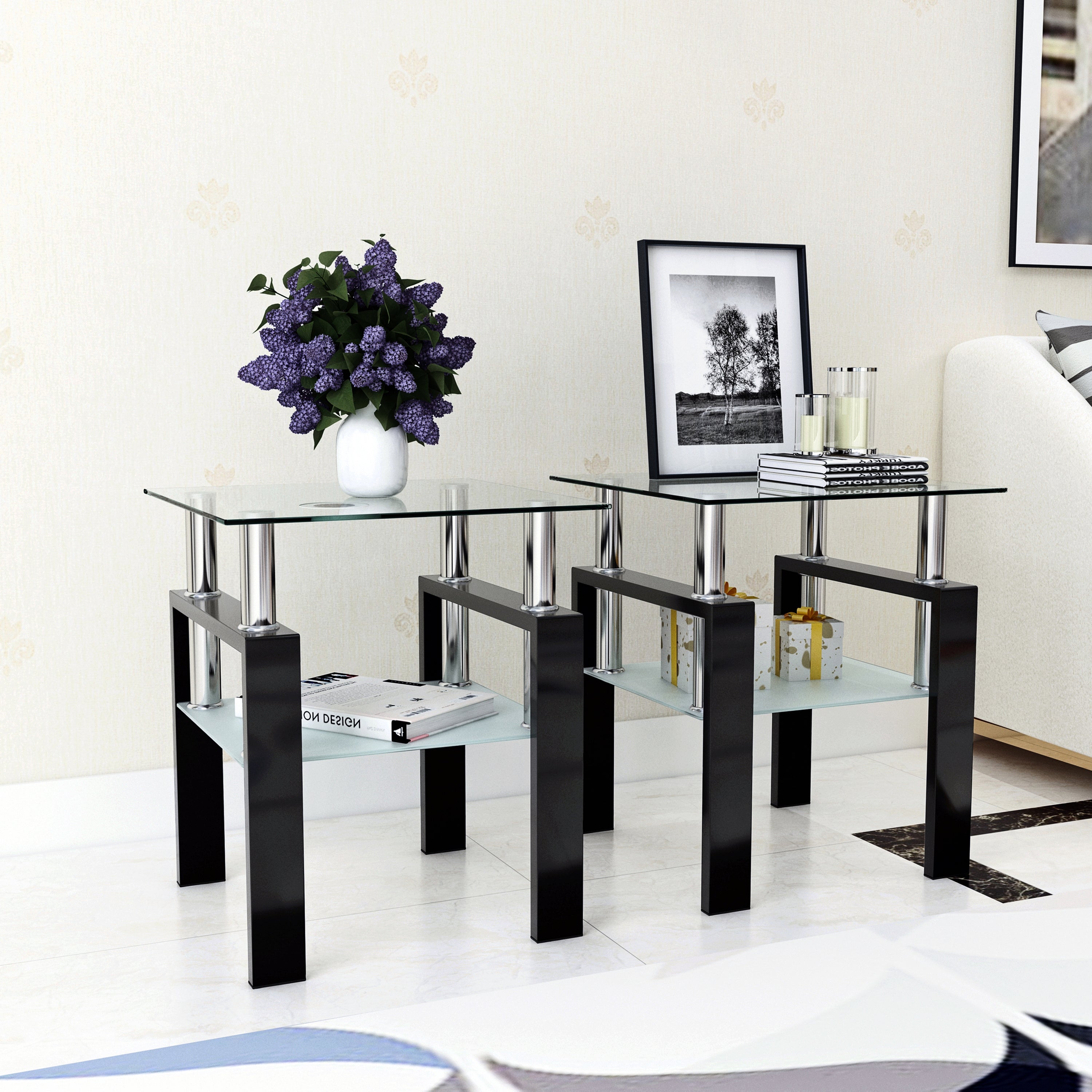 Modern Tempered Glass Tea Coffee End Table Set of 2, Transparent/Black, Metal Legs, Square Design - Grand Goldman Shop