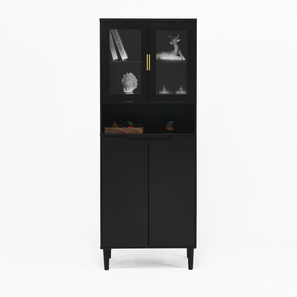 Tempered Glass Door Tall Storage Bookcase with adjustable board, 4 doors MDF painting finished cabinet, Black, Living room Bedroom storage - Grand Goldman Shop