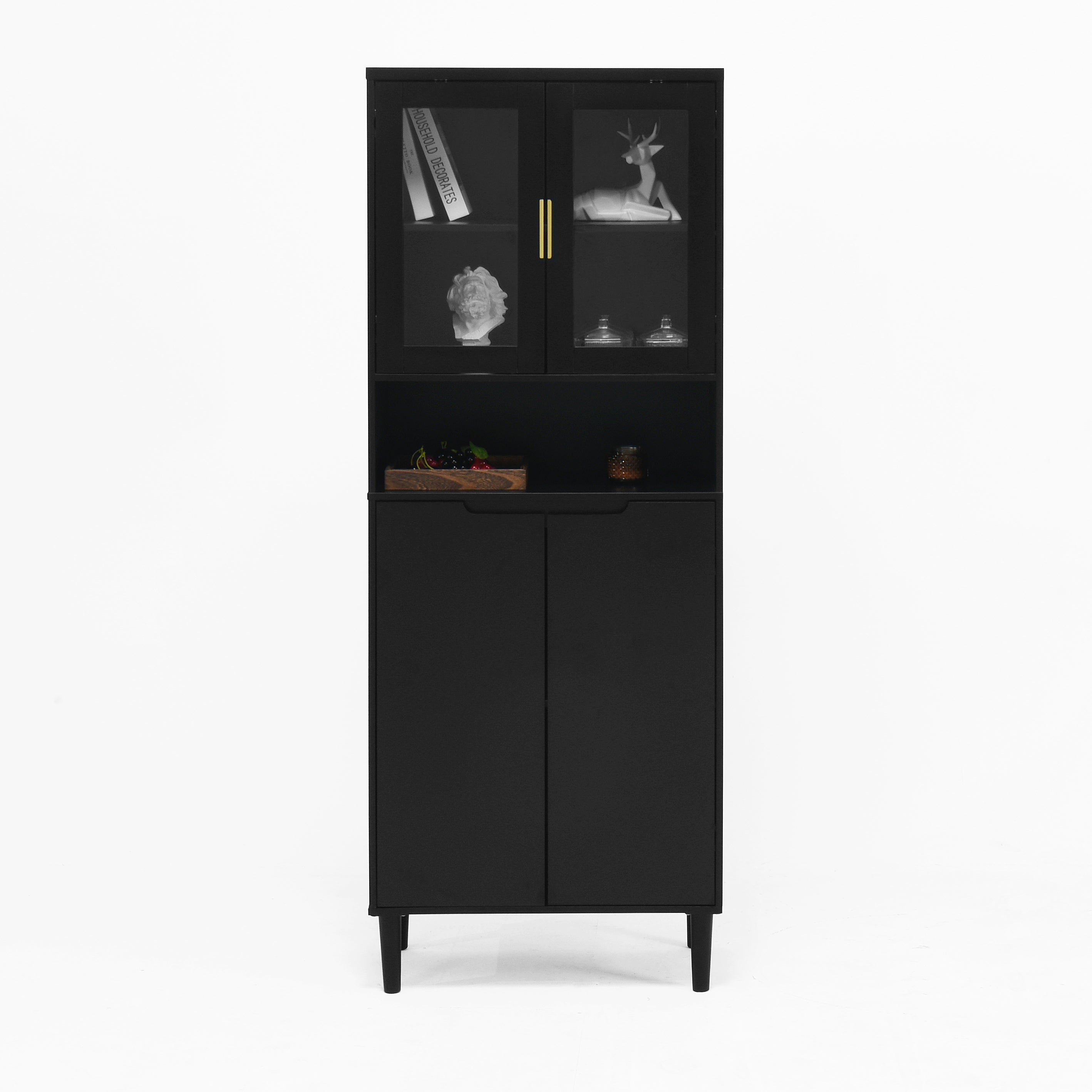 Tempered Glass Door Tall Storage Bookcase with adjustable board, 4 doors MDF painting finished cabinet, Black, Living room Bedroom storage - Grand Goldman Shop