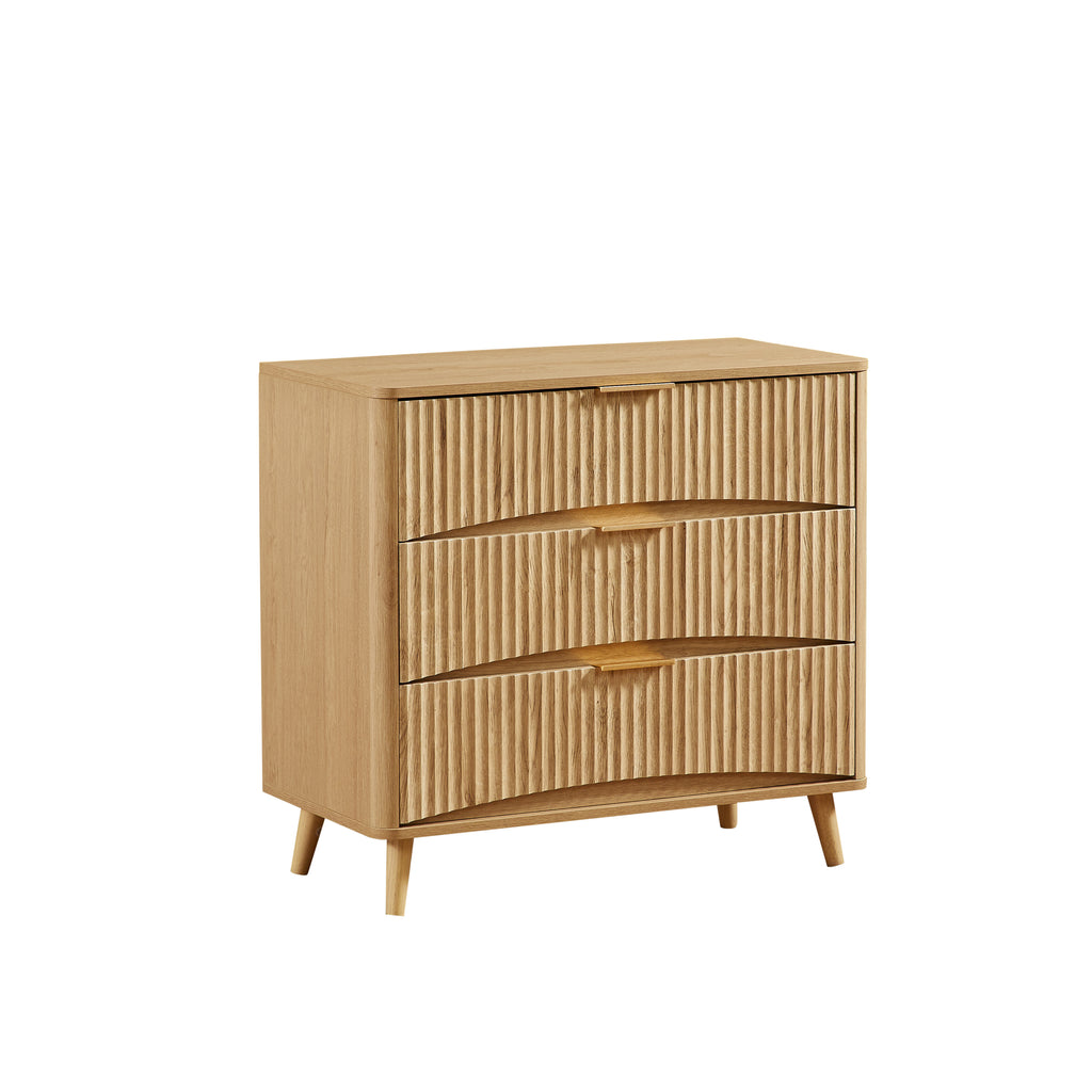 Fluted 3 Drawer Dresser Set of 2, Modern Tall Chest of Drawers with Vertical Grooved Design, Wood Storage Cabinet with Metal Handles for Bedroom Living Room, Oak. (23.6'W x 15'D x 30'H). - Grand Goldman Shop