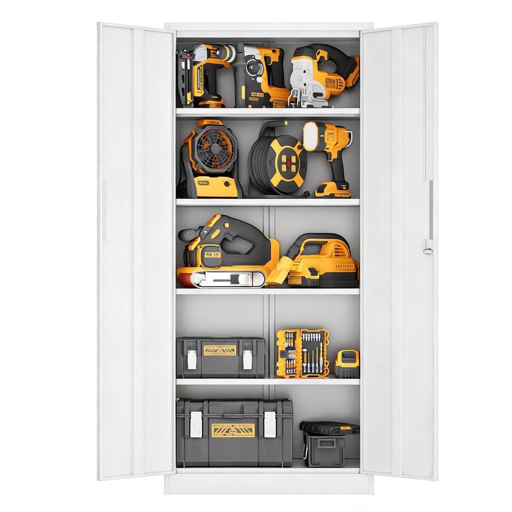 71'H Metal Garage Storage Cabinet, White Tool Steel Locking Cabinet with Doors and 4 Adjustable Shelves, Tall Cabinets for Ga