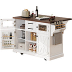 K&K 54.9' Kitchen Island with Drop Leaf, Power Outlet, Kitchen Storage Cart with 4 Door Shelves, Cross Barn Doors & Visual Glass Door, Rolling Kitchen Island on 4 Wheels for Kitchen, Dining Room,White - Grand Goldman Shop