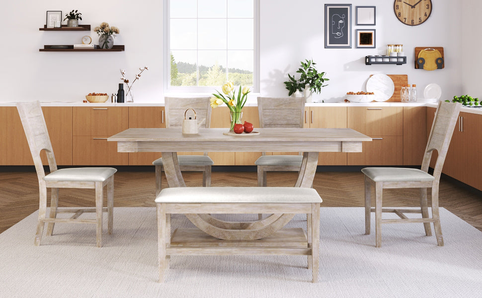TOPMAX Modern Style Natural Wood 6-Piece Dining Table Set with Bench and Chairs, Upholstered Seats, Rubberwood Frame - Grand Goldman Shop