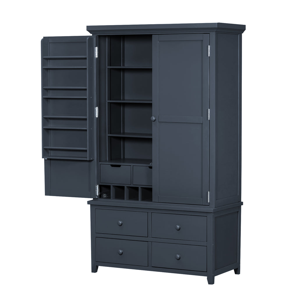 [Assembly&Show Video Available] TOPMAX Freestanding Large Kitchen Pantry Wooden Kitchen Storage Cabinet Cupboard with 8 Door Shelves,3 Adjustable Shelves,7 Drawers& 8 Wine Racks, Gray - Grand Goldman Shop