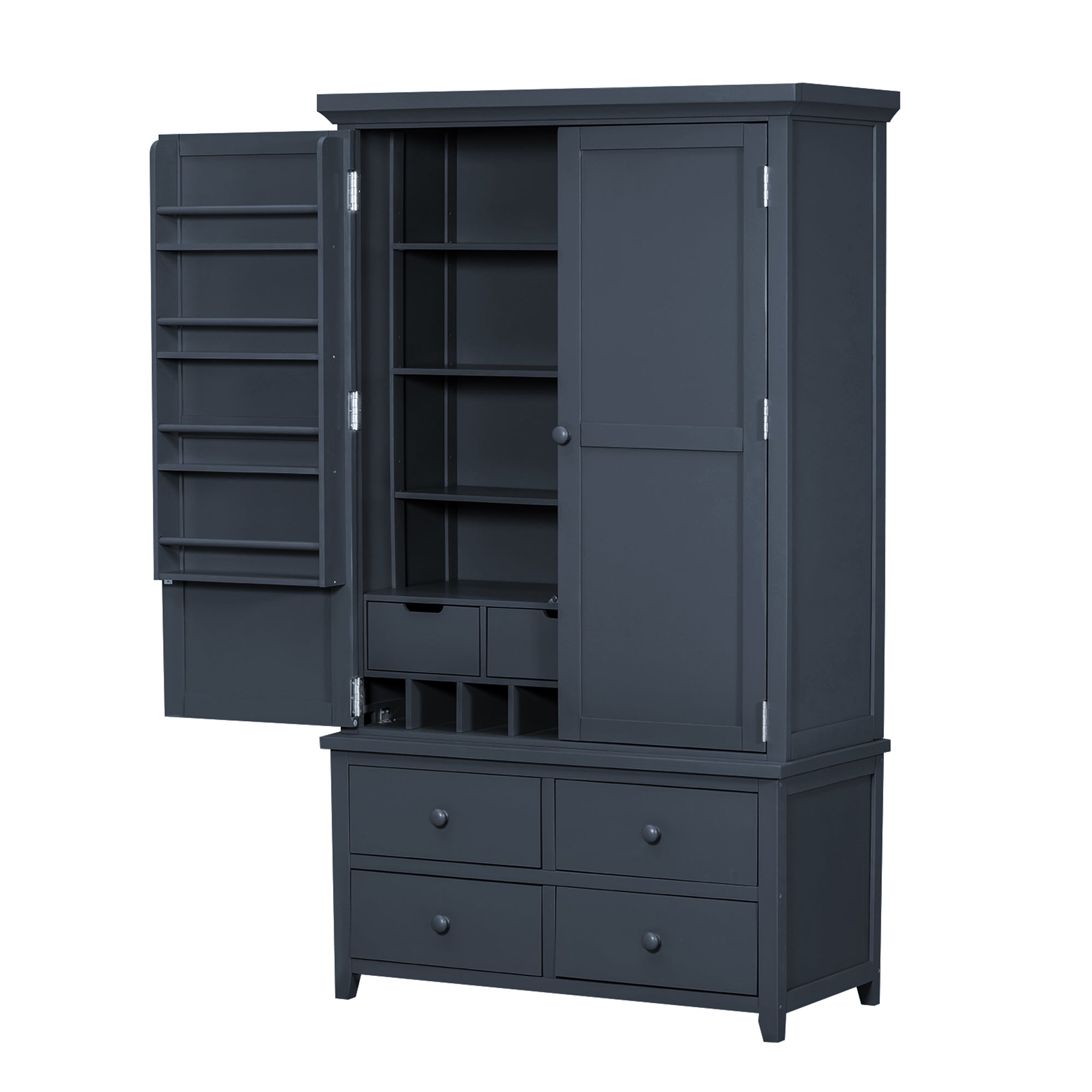 [Assembly&Show Video Available] TOPMAX Freestanding Large Kitchen Pantry Wooden Kitchen Storage Cabinet Cupboard with 8 Door Shelves,3 Adjustable Shelves,7 Drawers& 8 Wine Racks, Gray - Grand Goldman Shop