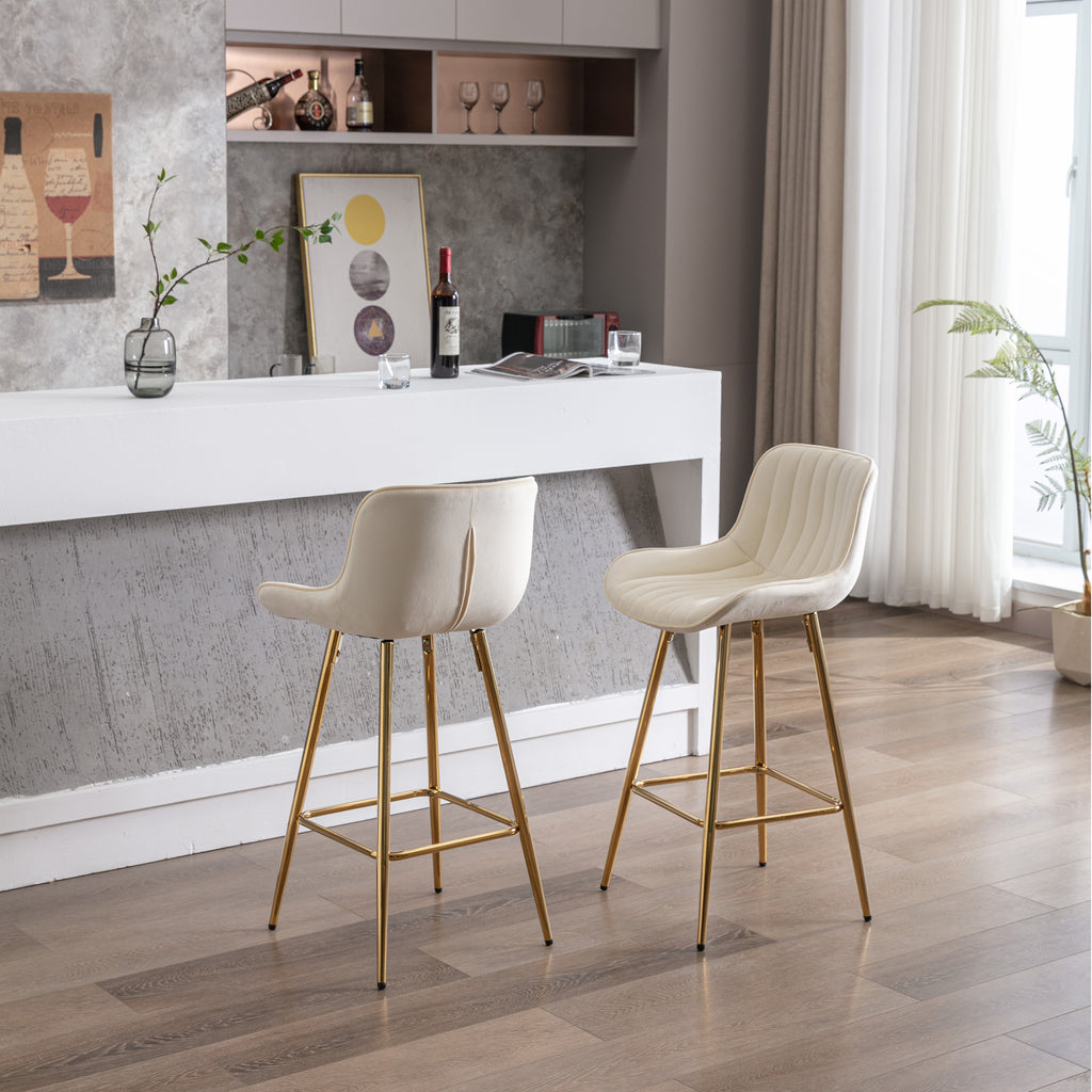 26 Inch Set of 2 Bar Stools,with Chrome Footrest Velvet Fabric Counter Stool Golden Leg Simple Bar Stool,CREAM - Grand Goldman Shop