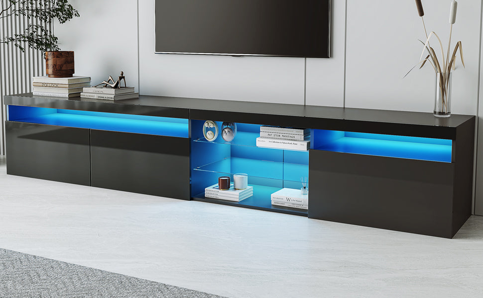 Unique Design TV Stand with 2 Glass Shelves, Ample Storage Space Media Console for TVs Up to 105', Versatile TV Cabinet with LED Color Changing Lights for Living Room, Black (OLD SKU: WF314584AAB) - Grand Goldman Shop