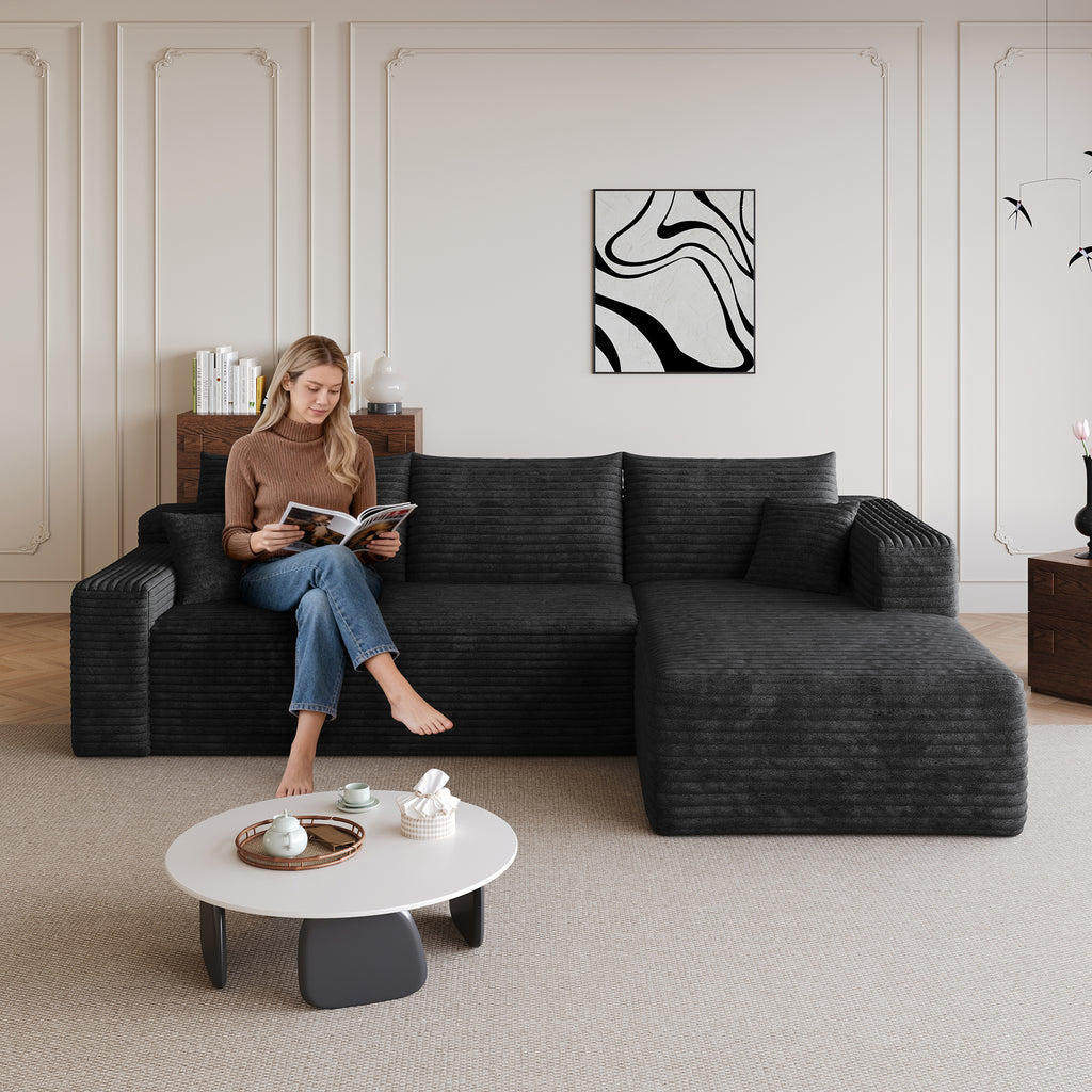 95' Cloud Sectional Sofa,Modern Minimalist Upholstered Couches, Comfort U Shaped Sofa for Living Room,Deep Seat Corner Couch,No Assembly Required,Black (Plush Corduroy Fabric) - Grand Goldman Shop
