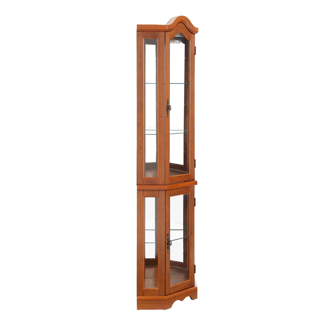 Curio Cabinet Lighted Glass Display Curio Cabinet w/Tempered Glass Doors and Shelves, Crown Corner Cabinet with Bulb, Corner Storage Decoration for Living room and Bedroom OAK - Grand Goldman Shop