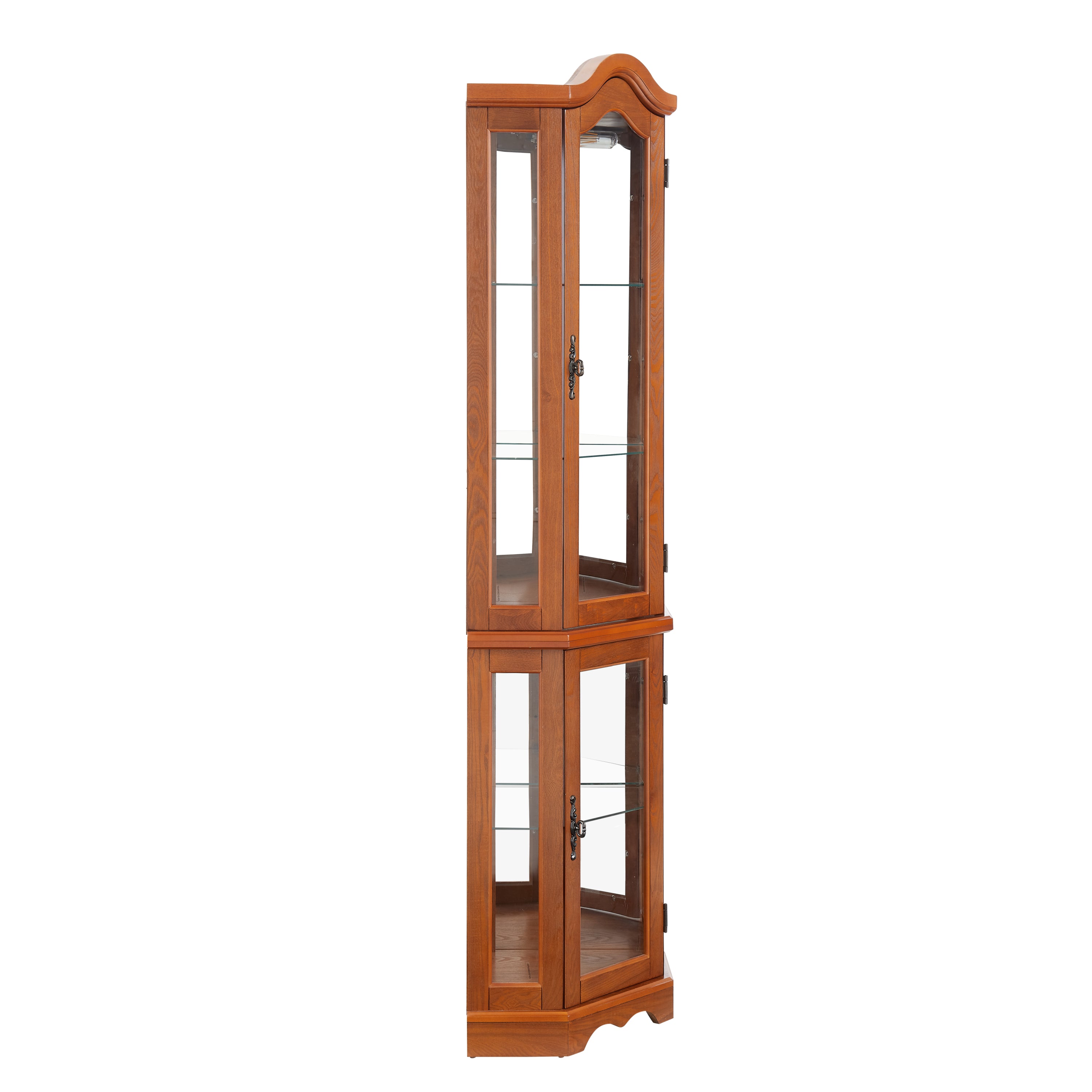 Curio Cabinet Lighted Glass Display Curio Cabinet w/Tempered Glass Doors and Shelves, Crown Corner Cabinet with Bulb, Corner Storage Decoration for Living room and Bedroom OAK - Grand Goldman Shop
