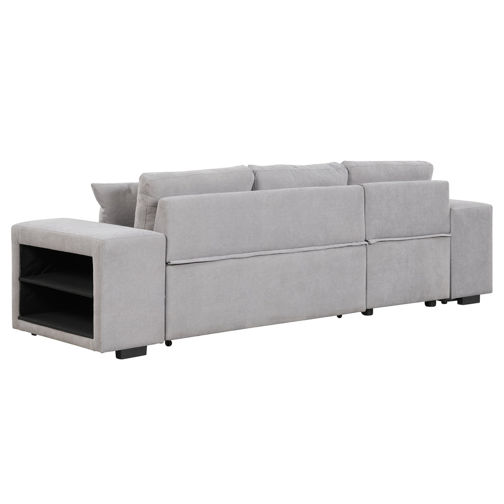 Modern Reversible L-Shape Pull Out Sleeper Sofa with Storage Chaise and Stools, Gray Linen, 104.5' - Grand Goldman Shop