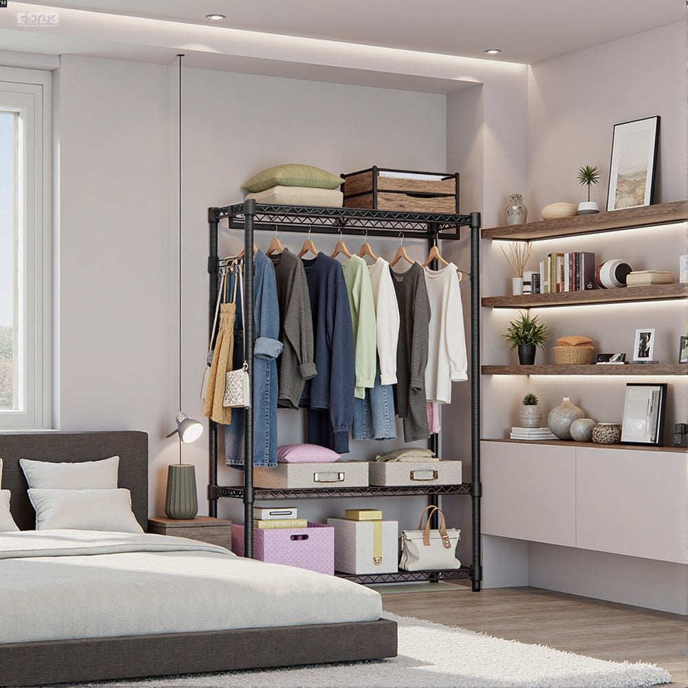 Heavy Duty Garment Rack, Freestanding Clothing Rack for Hanging Clothes with 1 Rod, 3 Tiers & Side Hooks, Adjustable Metal Wardrobe Closet Organizer, 45.3' W x 15.7' D x 72.4' H, Dark Grey - Grand Goldman Shop