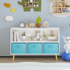 Kids bookcase with Collapsible Fabric Drawers, Children's Book Display, Toy Storage Cabinet Organizer, White/Blue | Premium H