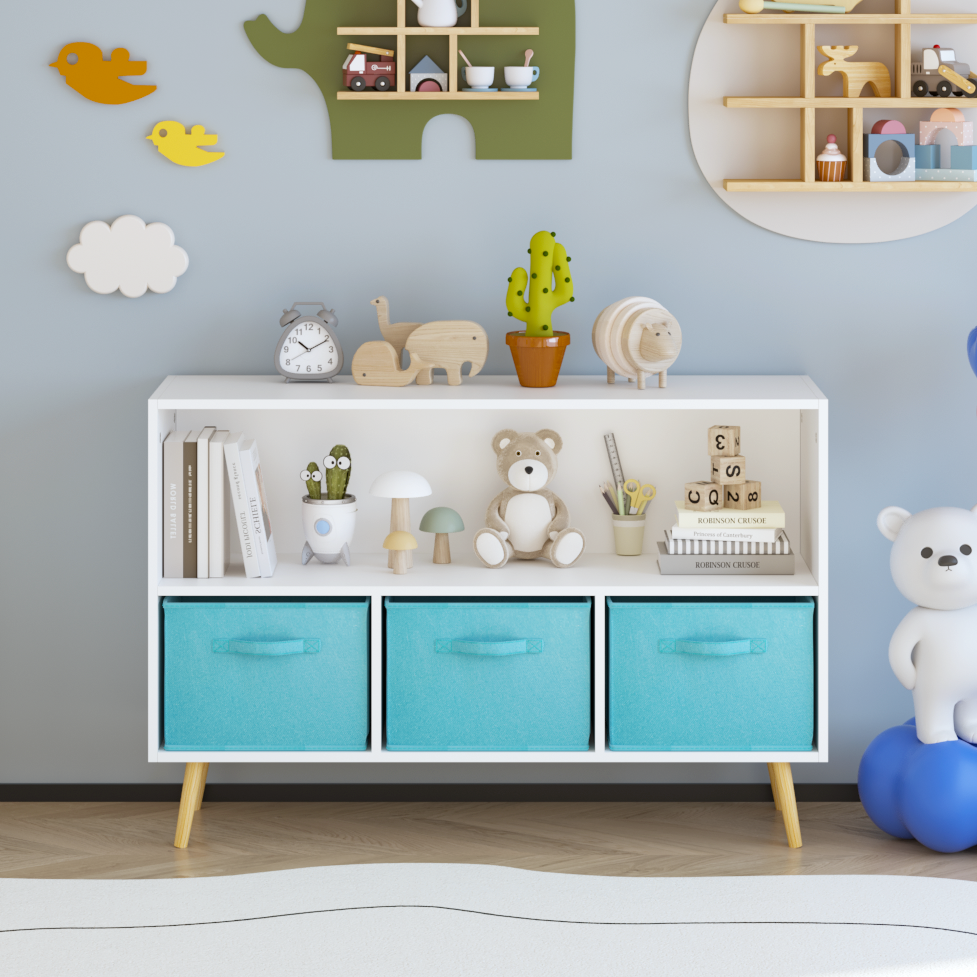 Kids bookcase with Collapsible Fabric Drawers, Children's Book Display, Toy Storage Cabinet Organizer, White/Blue | Premium H