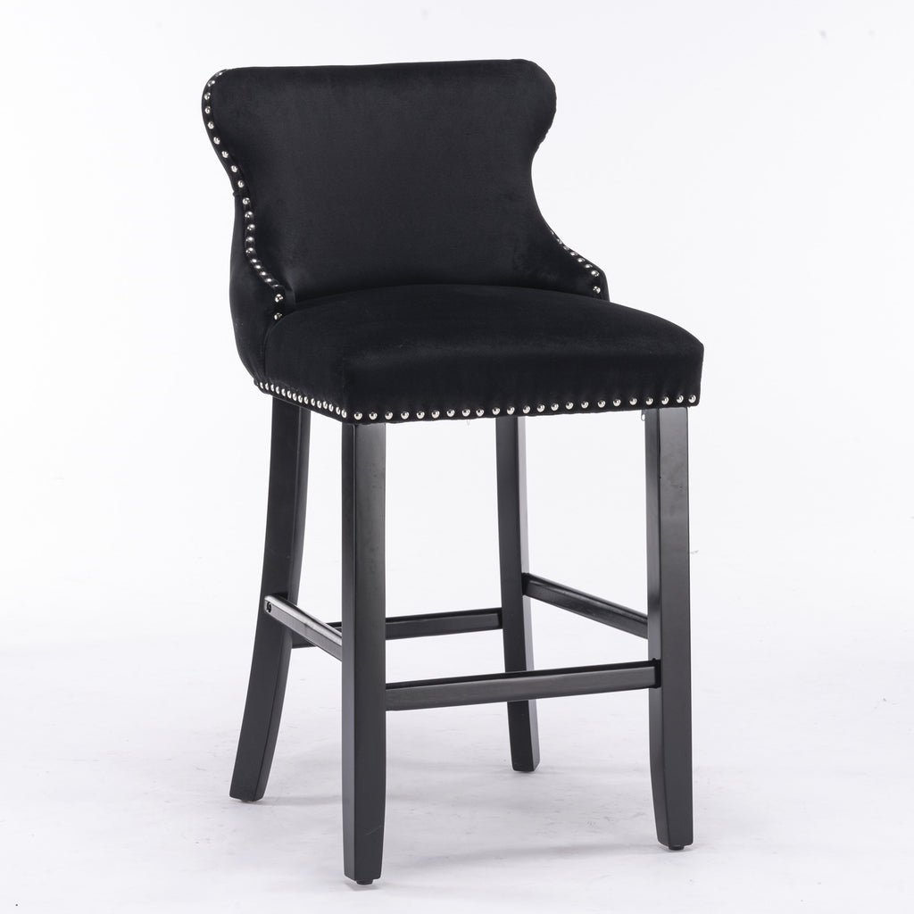 A&A Furniture,Contemporary Velvet Upholstered Wing-Back Barstools with Button Tufted Decoration and Wooden Legs, and Chrome Nailhead Trim, Leisure Style Bar Chairs,Bar stools,Set of 2 (Black),SW1824BK - Grand Goldman Shop