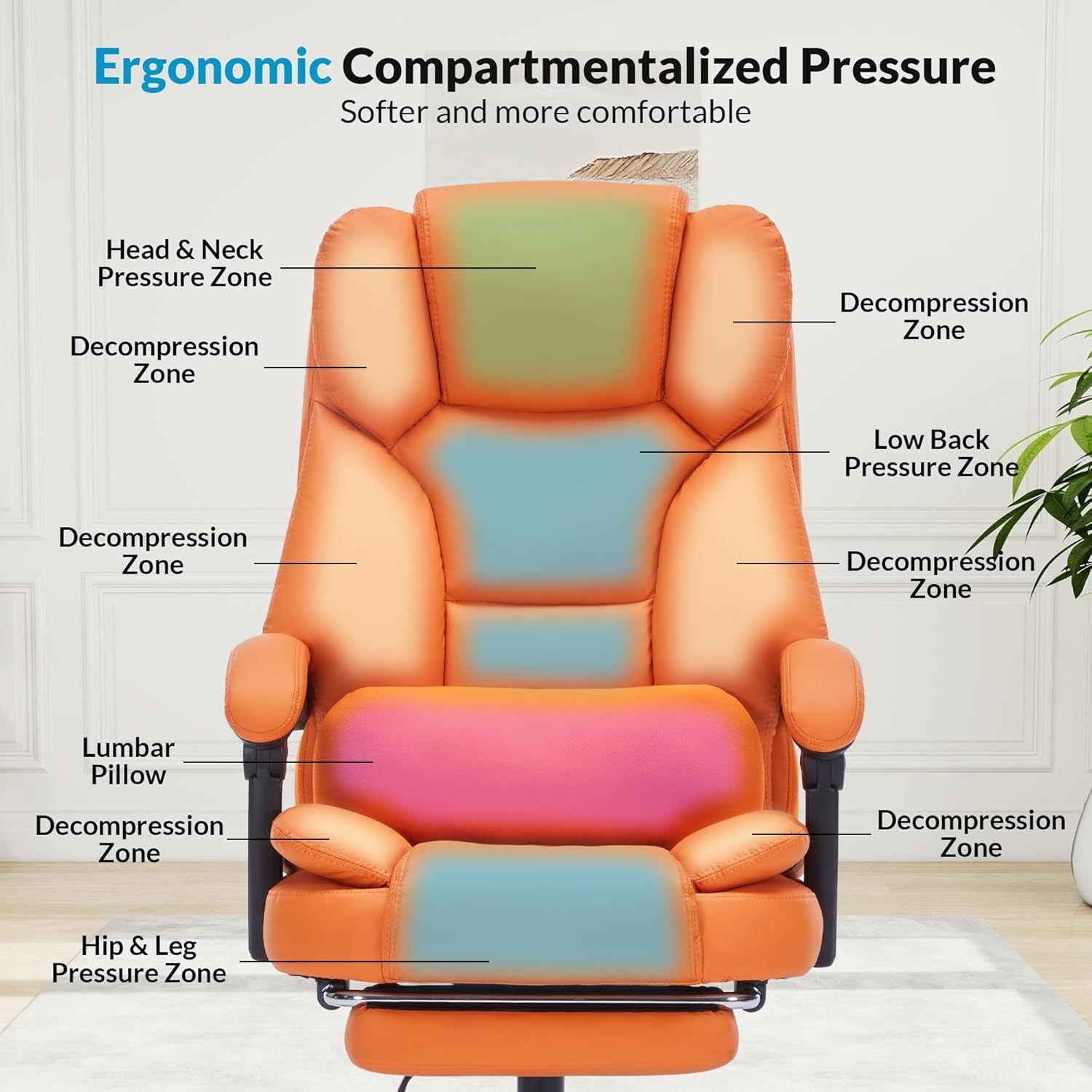 Office Chair with Foot Rest, Executive Office Chair with Arms, Reclining Computer Chair with Wheels and Lumbar Support, PU Le