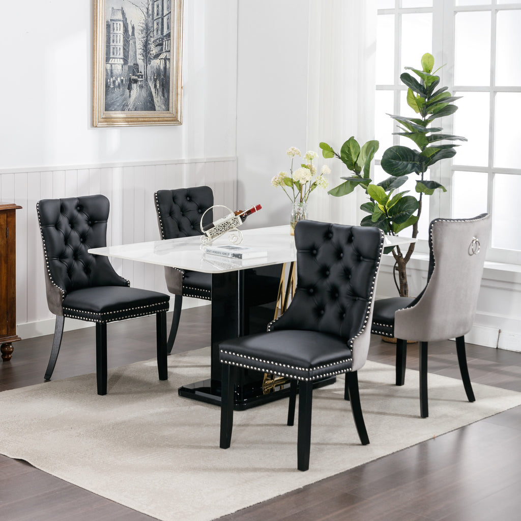 A&A Furniture,Nikki Collection Modern, High-end Tufted Solid Wood Contemporary PU and Velvet Upholstered Dining Chair with Wood Legs Nailhead Trim  2-Pcs Set，Black+Gray, SW2101BG - Grand Goldman Shop