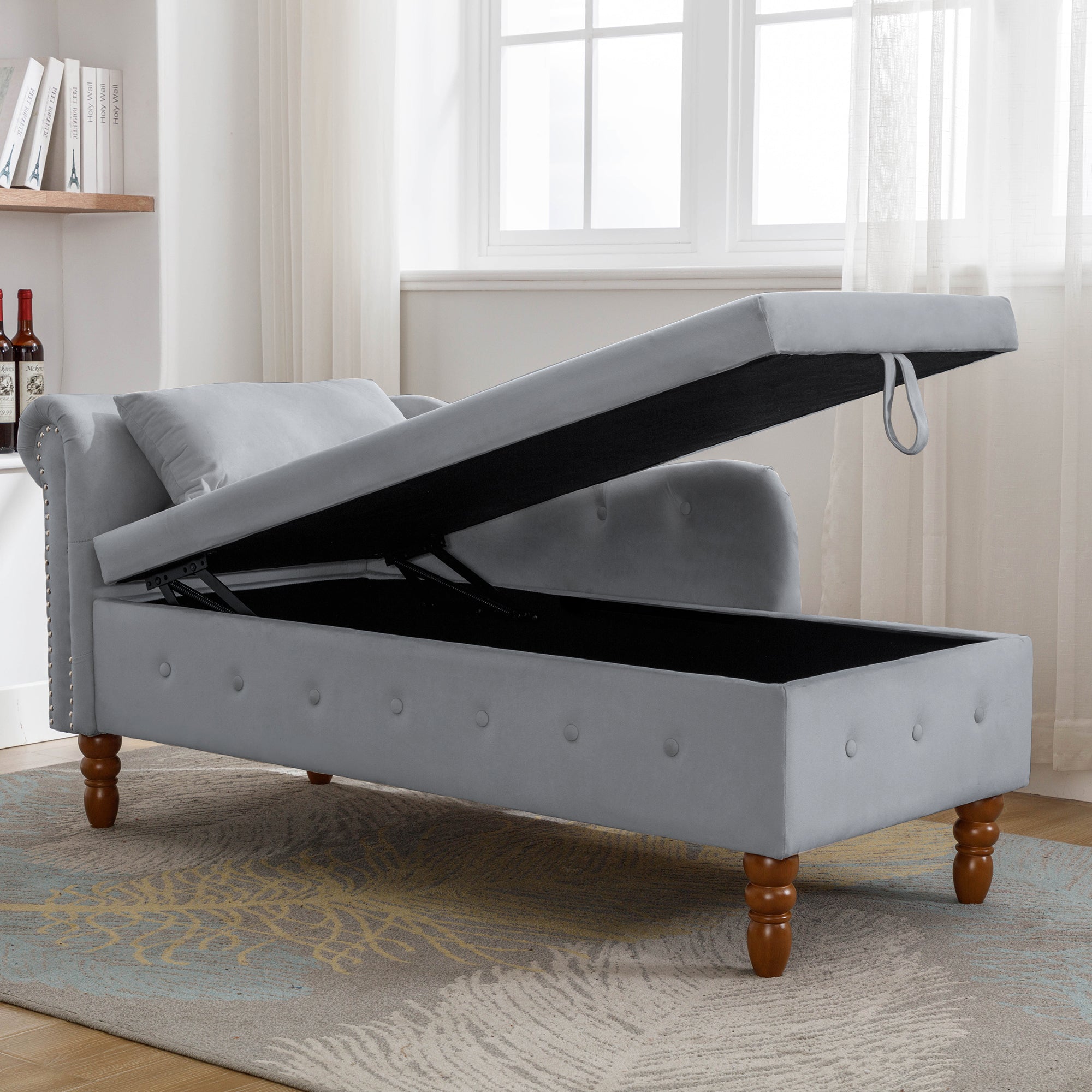 Grey Chaise Lounge Indoor, Velvet Lounge Chair for Bedroom with Storage & Pillow, Modern Upholstered Rolled Arm Chase Lounge for Sleeping with Nailhead Trim for Living Room Bedroom Office - Grand Goldman Shop