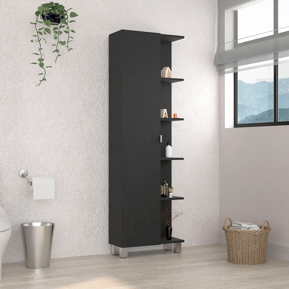 Urano Mirror Linen Cabinet, Four Interior  Shelves, Five External Shelves -Black - Grand Goldman