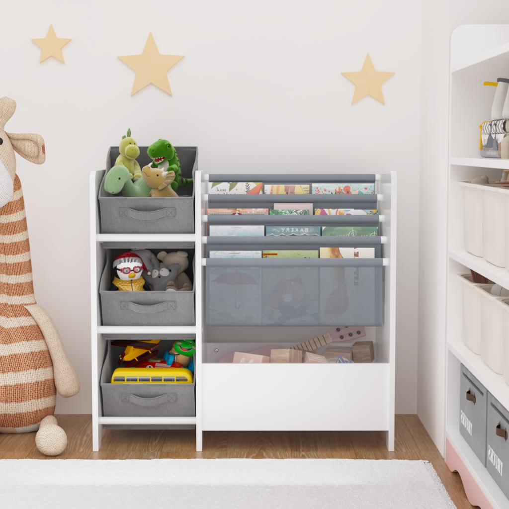 Kids Bookshelf and Toy Storage Organizer, Multifunctional 4-Tier White MDF Bookshelf with 3 Collapsible Fabric Drawers for Nu