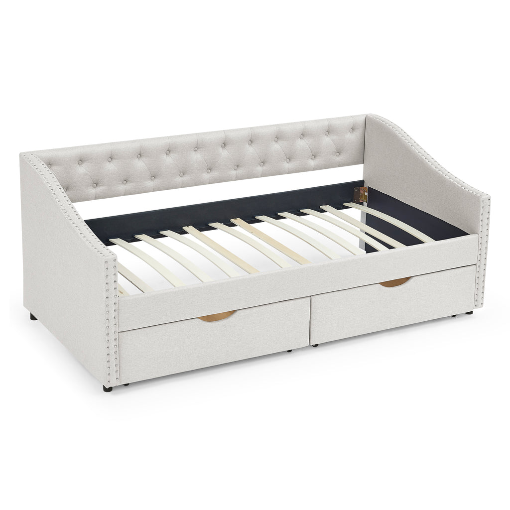 Mid-Century Twin Size Daybed with Drawers, Button Tufted Back and Copper Nail Trimmed Waved Arms, Beige Linen Upholstery, 81.5''x41''x30.5'' - Grand Goldman Shop