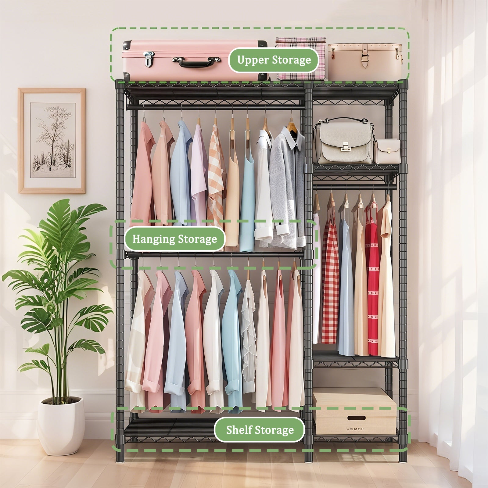 Heavy Duty Freestanding Clothes Rack, with 6 Adjustable Wire Shelves and 3 Garment Rails,Black Metal - Grand Goldman Shop