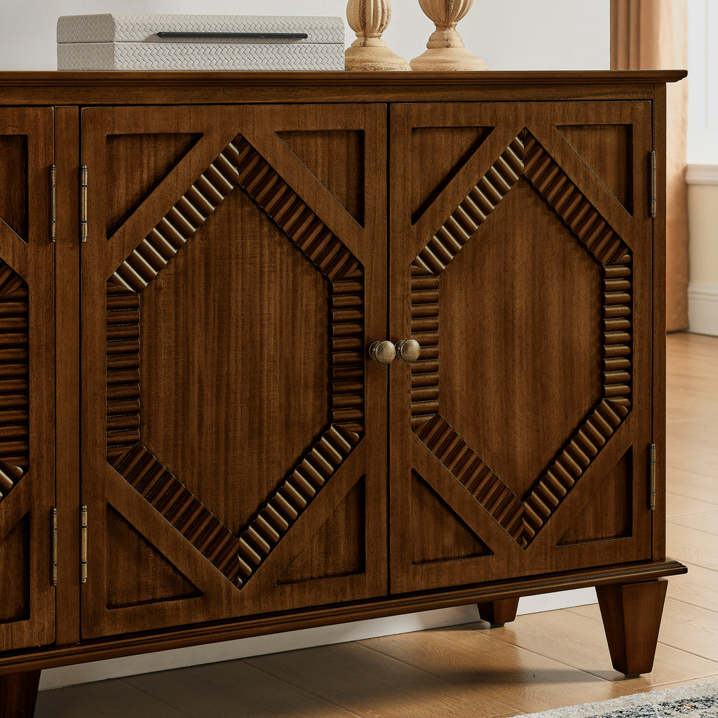 65.2' Mid Century Modern Sideboard Buffet Cabinet with Storage, Symmetrical Geometric Accent Coffee Bar Wine Bar Storage Cabinet, Large Console Table for Living Room/Entryway/Kitchen, Walnut - Grand Goldman Shop