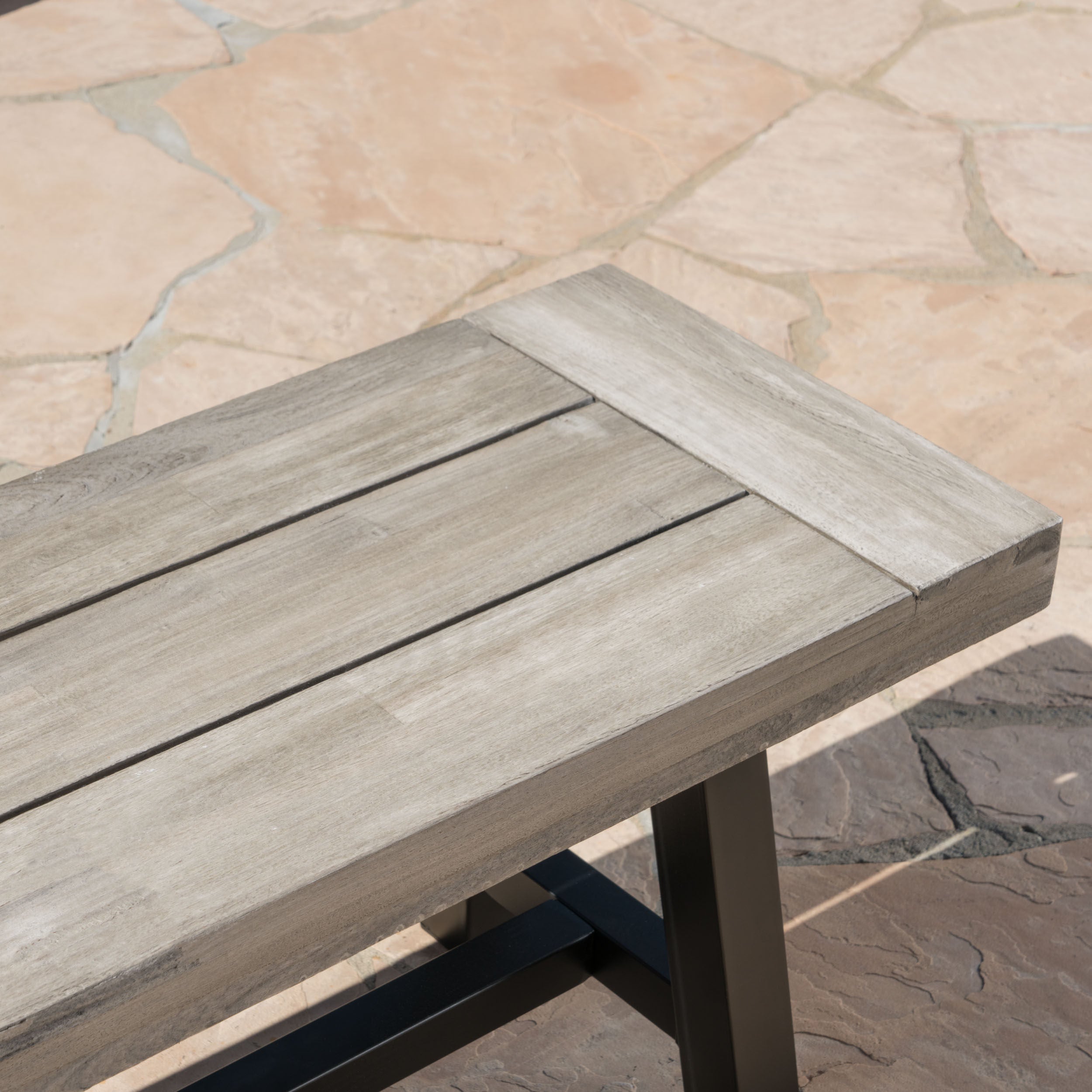 Tranquilizer Outdoor Acacia Wood Bench with Slat Panel Design, Sandblasted Light Gray + Black - Grand Goldman Shop