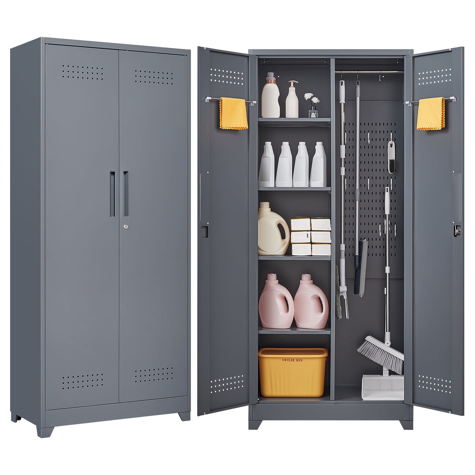 Gray And White Color Metal Lockers, Cleaning Tool Cabinets With Locking Doors, High Broom Tool Storage Cabinets, Adjustable S