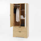 2 Door Wood Wardrobe for Bedroom with Hanging Clothing Rod inside the Cabinet and 2 Drawers for Storage Organization, Built-in induction light Multifunctional Closet with Mirror, Natural - Grand Goldman Shop
