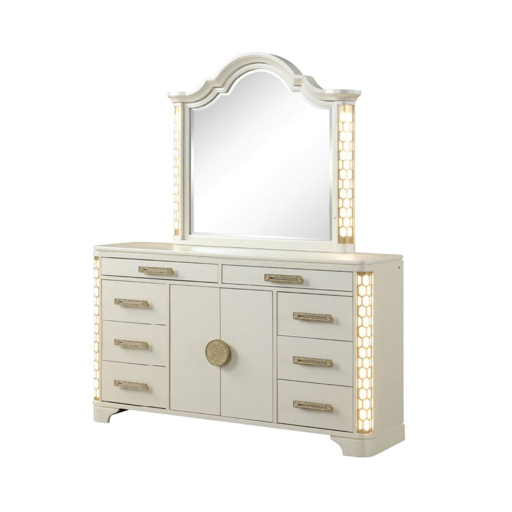 Jasmine Queen 5 Pc LED Bedroom Set in Beige made with Wood and Gold Accents - Grand Goldman Shop